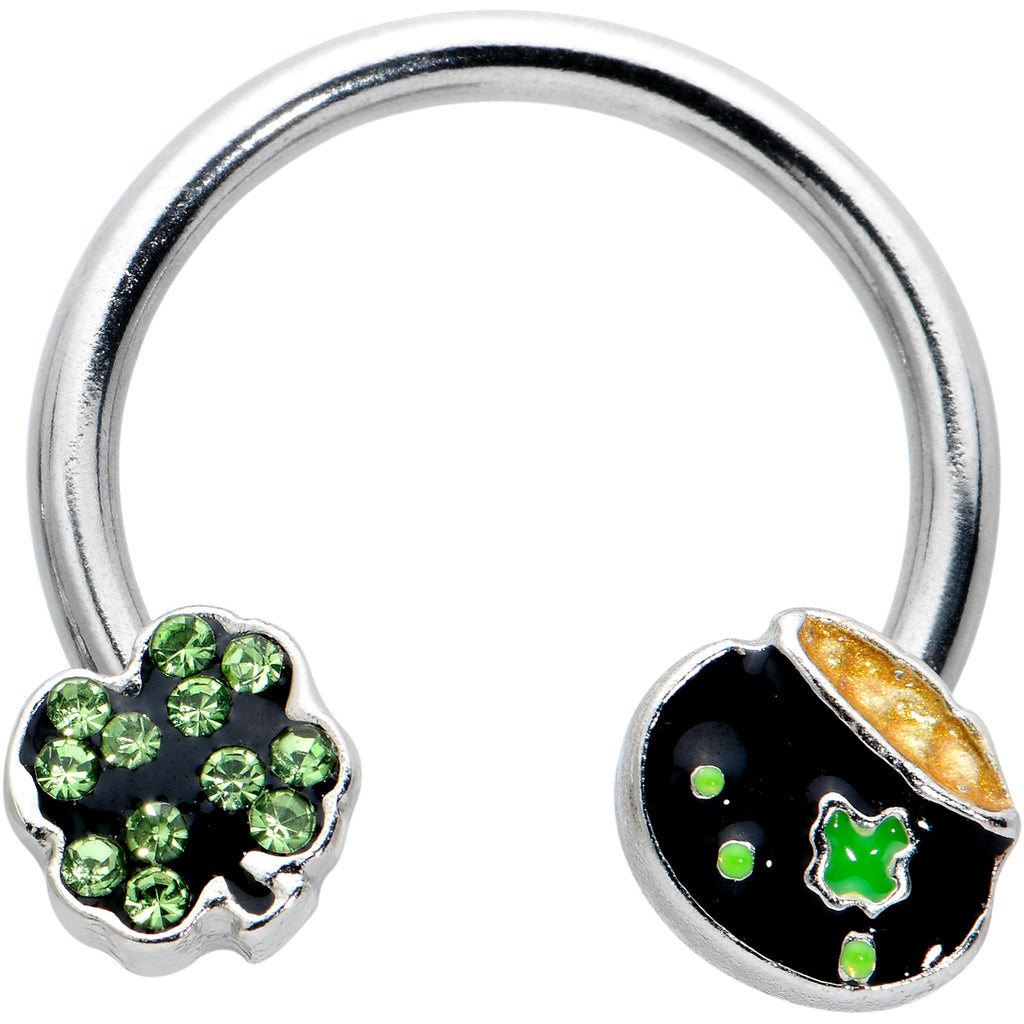 BodyCandy 14G 9/16 Green Gem Shamrock Pot of Gold Horseshoe Nipple Ring Set — detail close-up