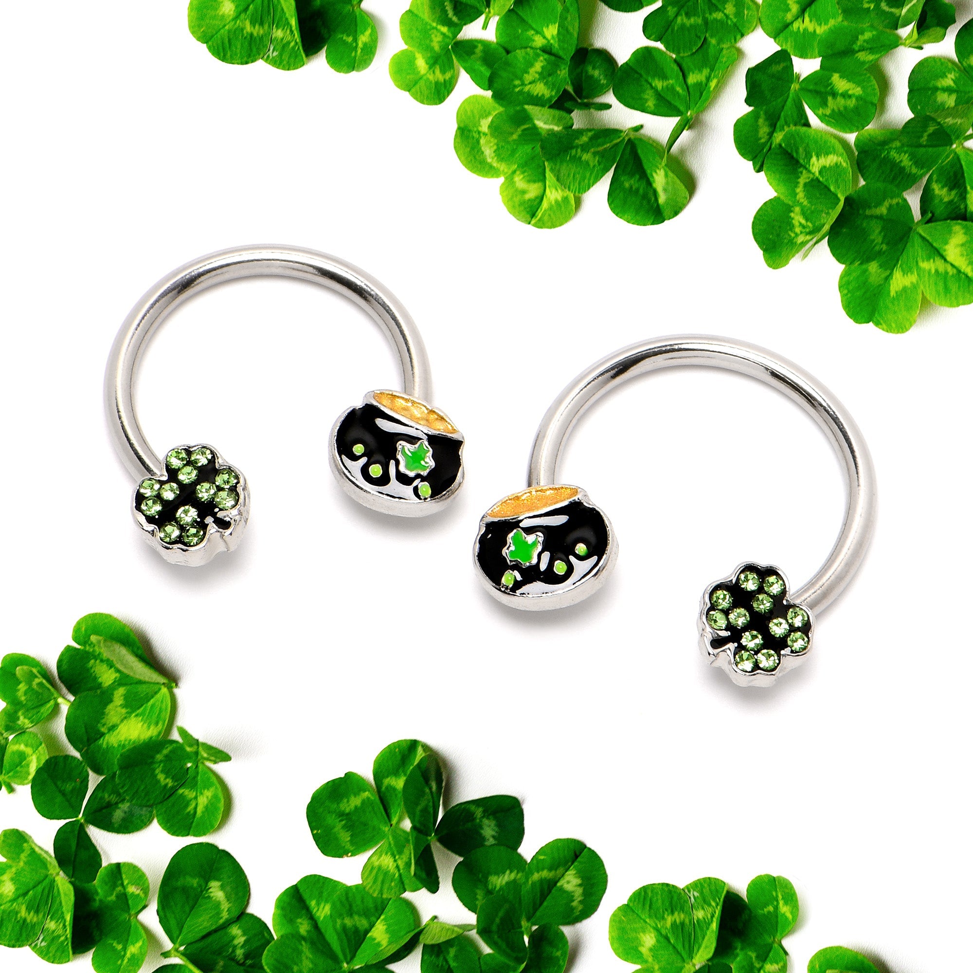 BodyCandy 14G 9/16 Green Gem Shamrock Pot of Gold Horseshoe Nipple Ring Set — side view