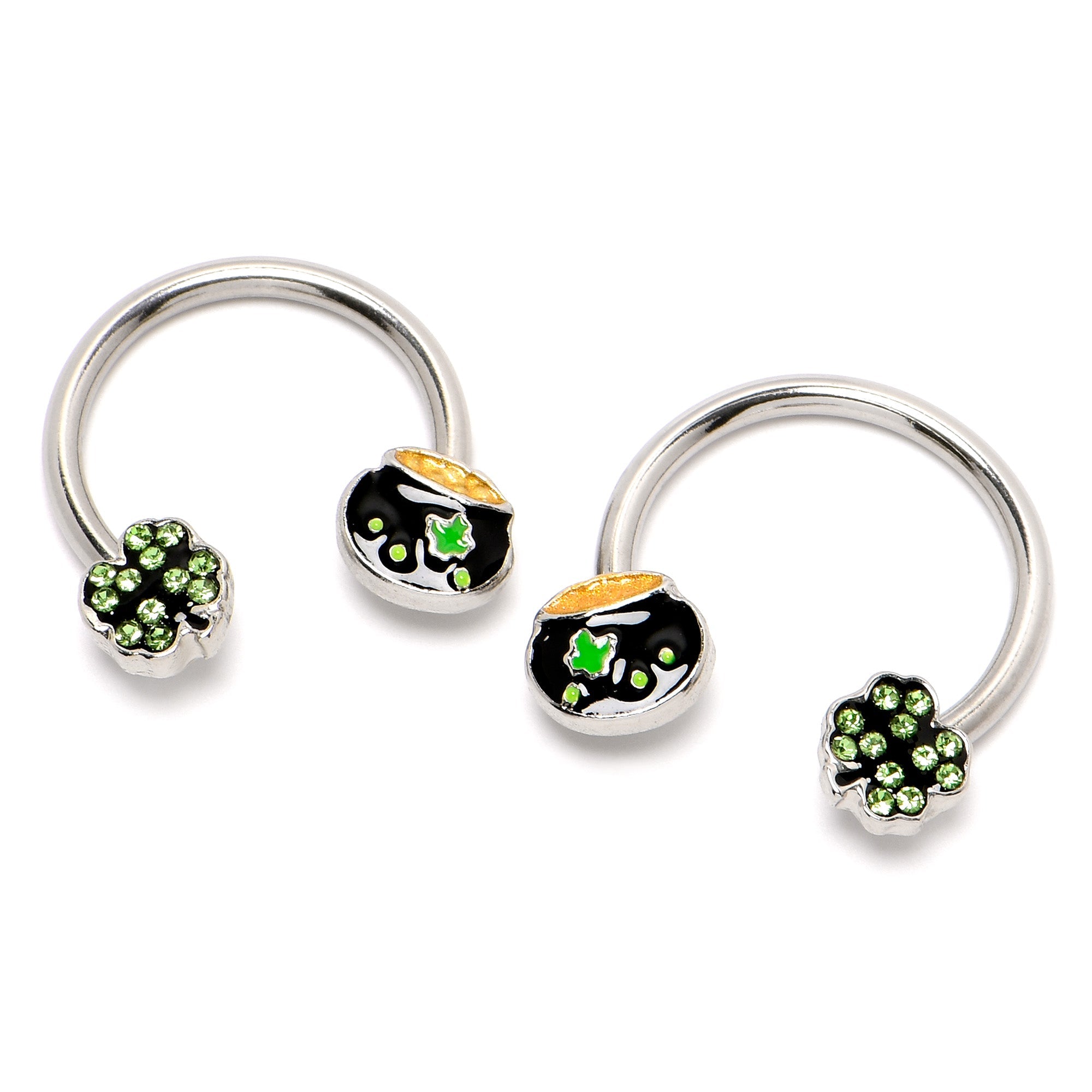 BodyCandy 14G 9/16 Green Gem Shamrock Pot of Gold Horseshoe Nipple Ring Set — back view