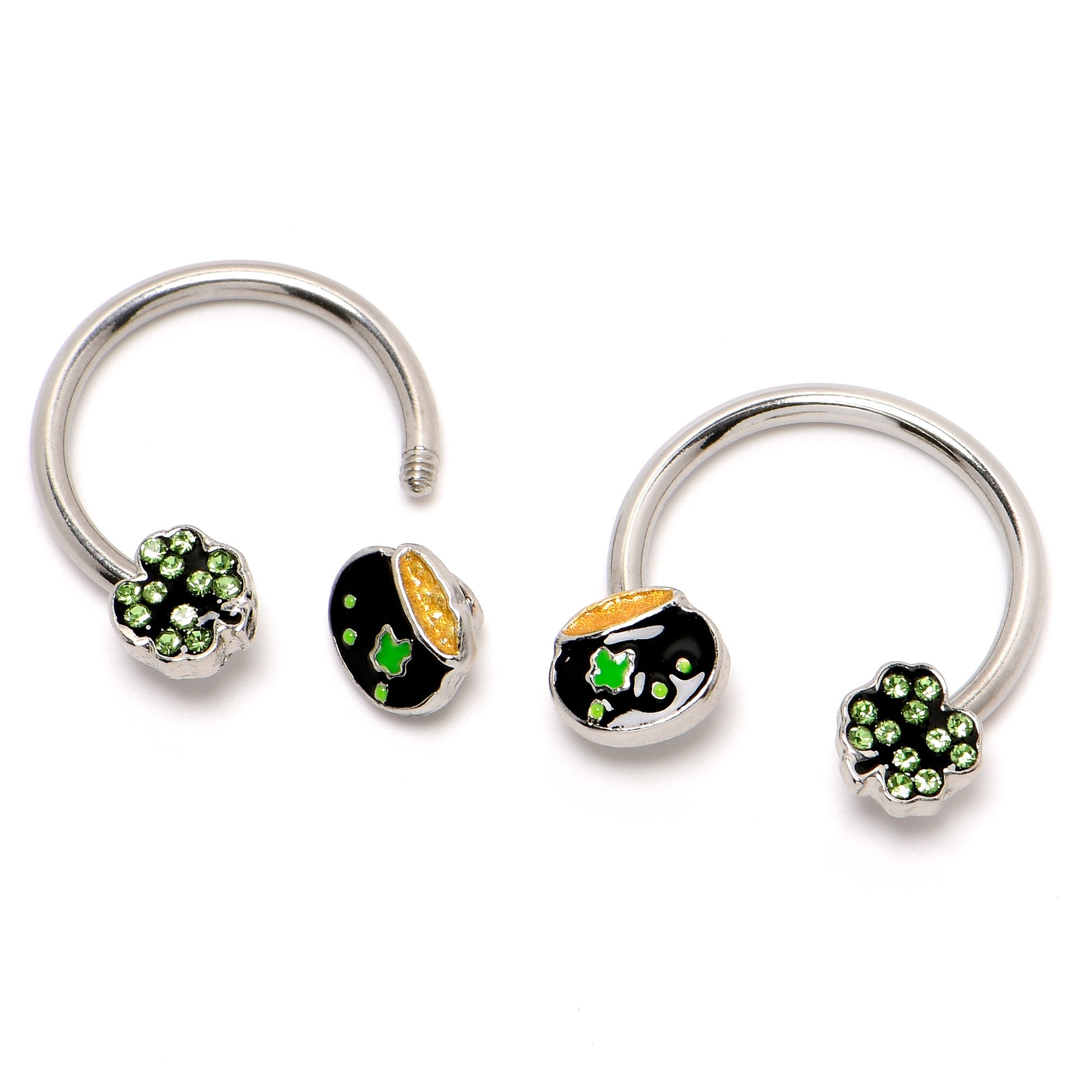 BodyCandy 14G 9/16 Green Gem Shamrock Pot of Gold Horseshoe Nipple Ring Set — alternative angle