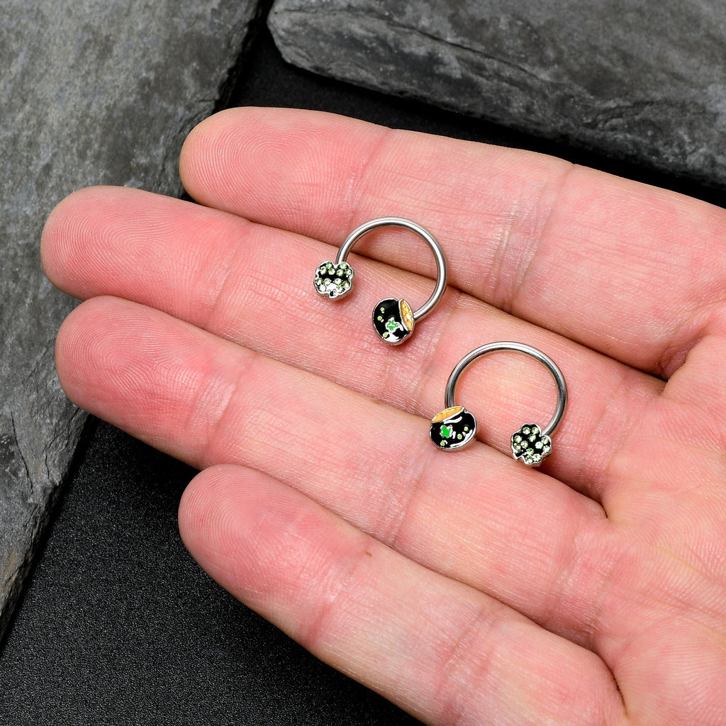 BodyCandy 14G 9/16 Green Gem Shamrock Pot of Gold Horseshoe Nipple Ring Set — in-use photo