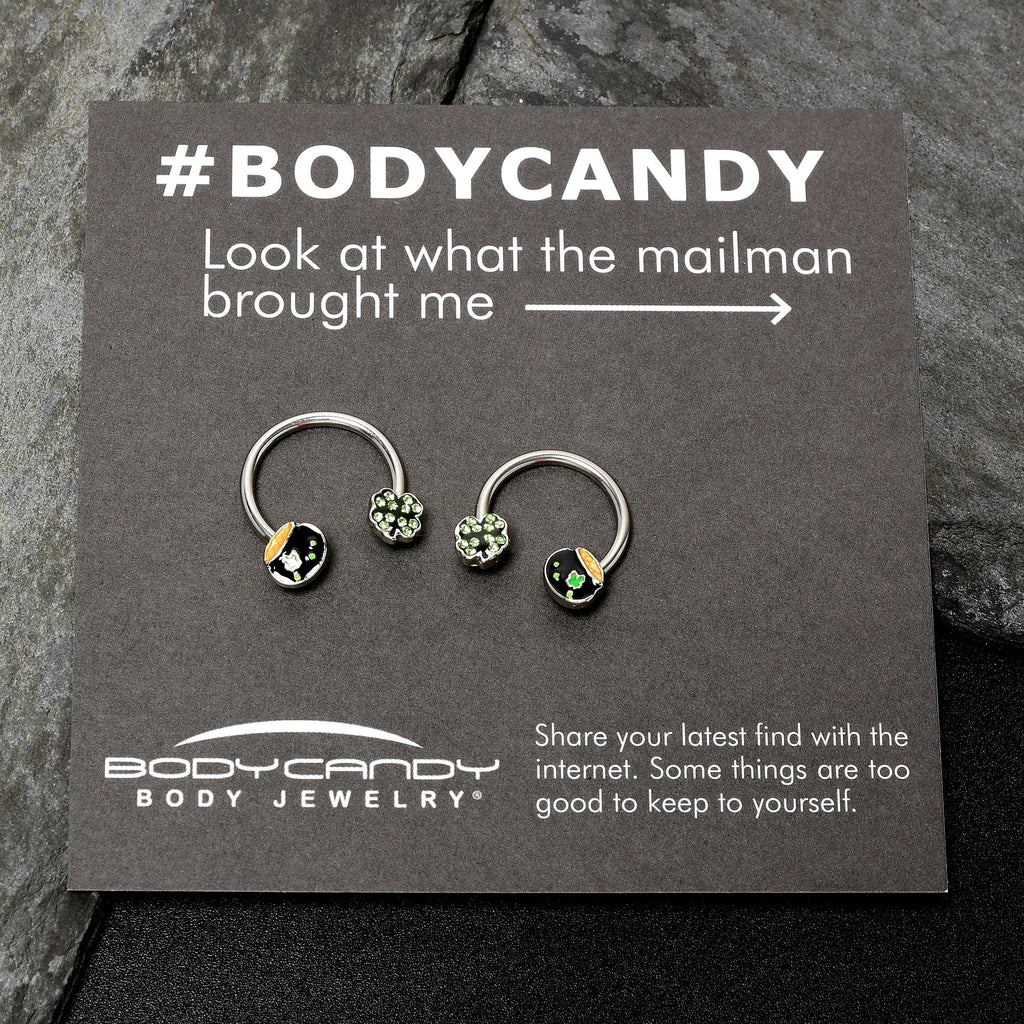 BodyCandy 14G 9/16 Green Gem Shamrock Pot of Gold Horseshoe Nipple Ring Set — size reference
