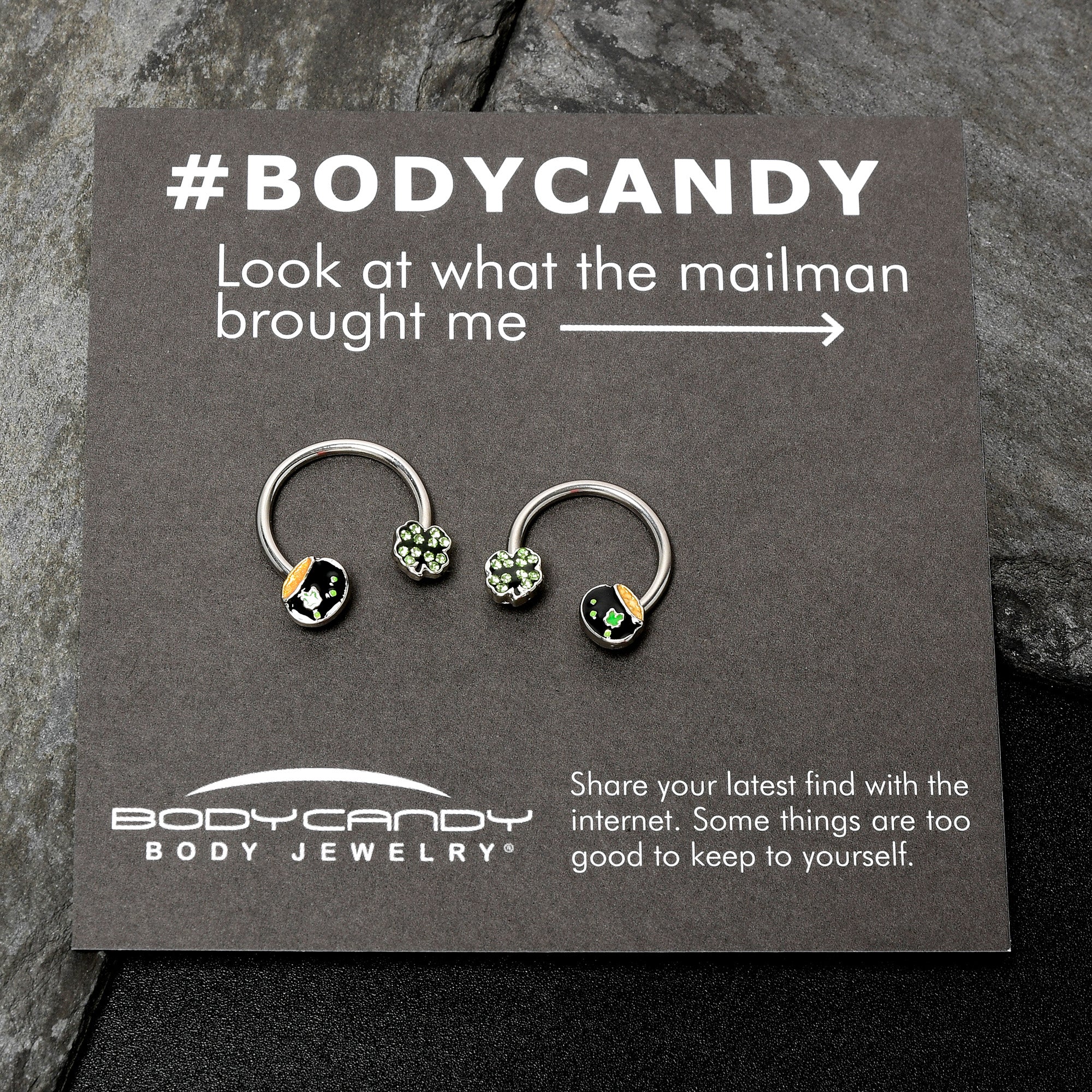 BodyCandy 14G 9/16 Green Gem Shamrock Pot of Gold Horseshoe Nipple Ring Set — size reference