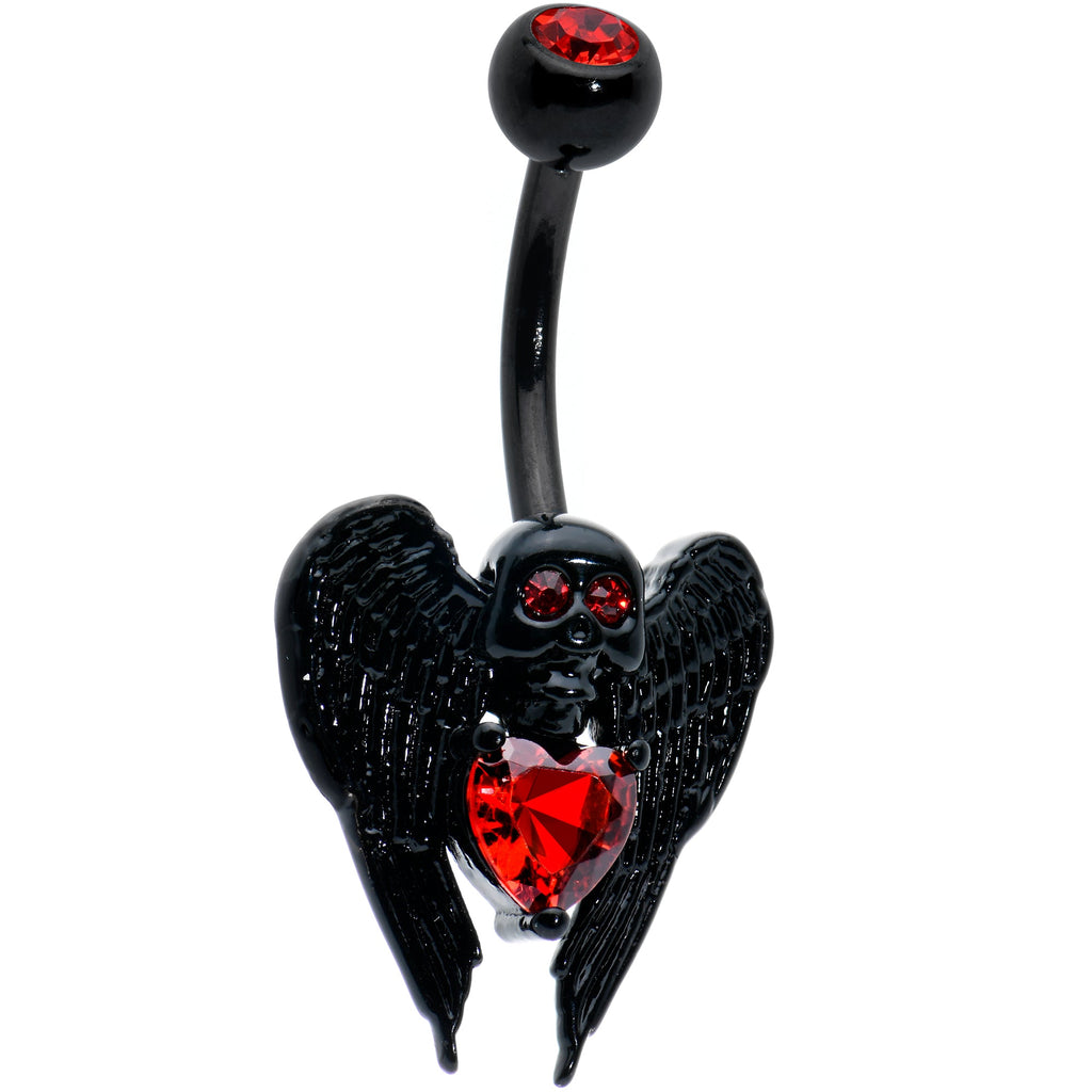 BodyCandy Red CZ Gem Black Heart Winged Skull Gothic Belly Ring — main product shot