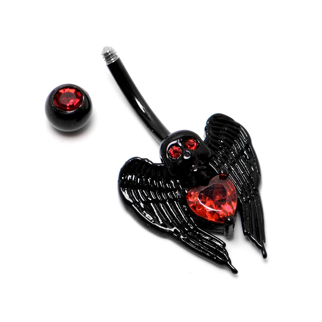 BodyCandy Red CZ Gem Black Heart Winged Skull Gothic Belly Ring — side view