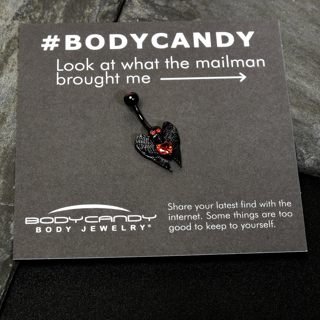BodyCandy Red CZ Gem Black Heart Winged Skull Gothic Belly Ring — back view