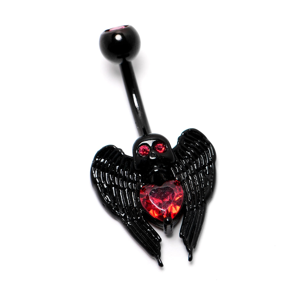 BodyCandy Red CZ Gem Black Heart Winged Skull Gothic Belly Ring — alternative angle