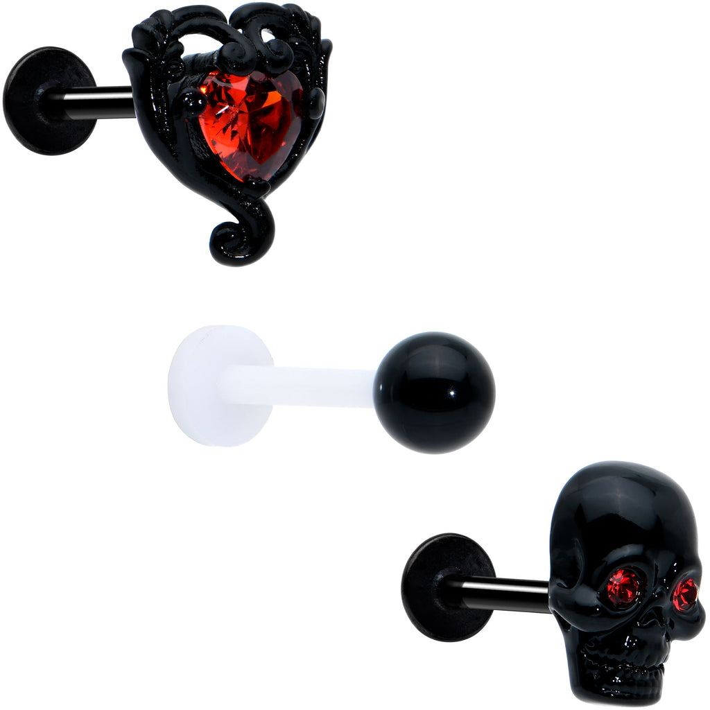 BodyCandy 16G 5/16 Red CZ Gem Black Skull Passion Heart Labret Tragus Curation Set of 3 — main product shot