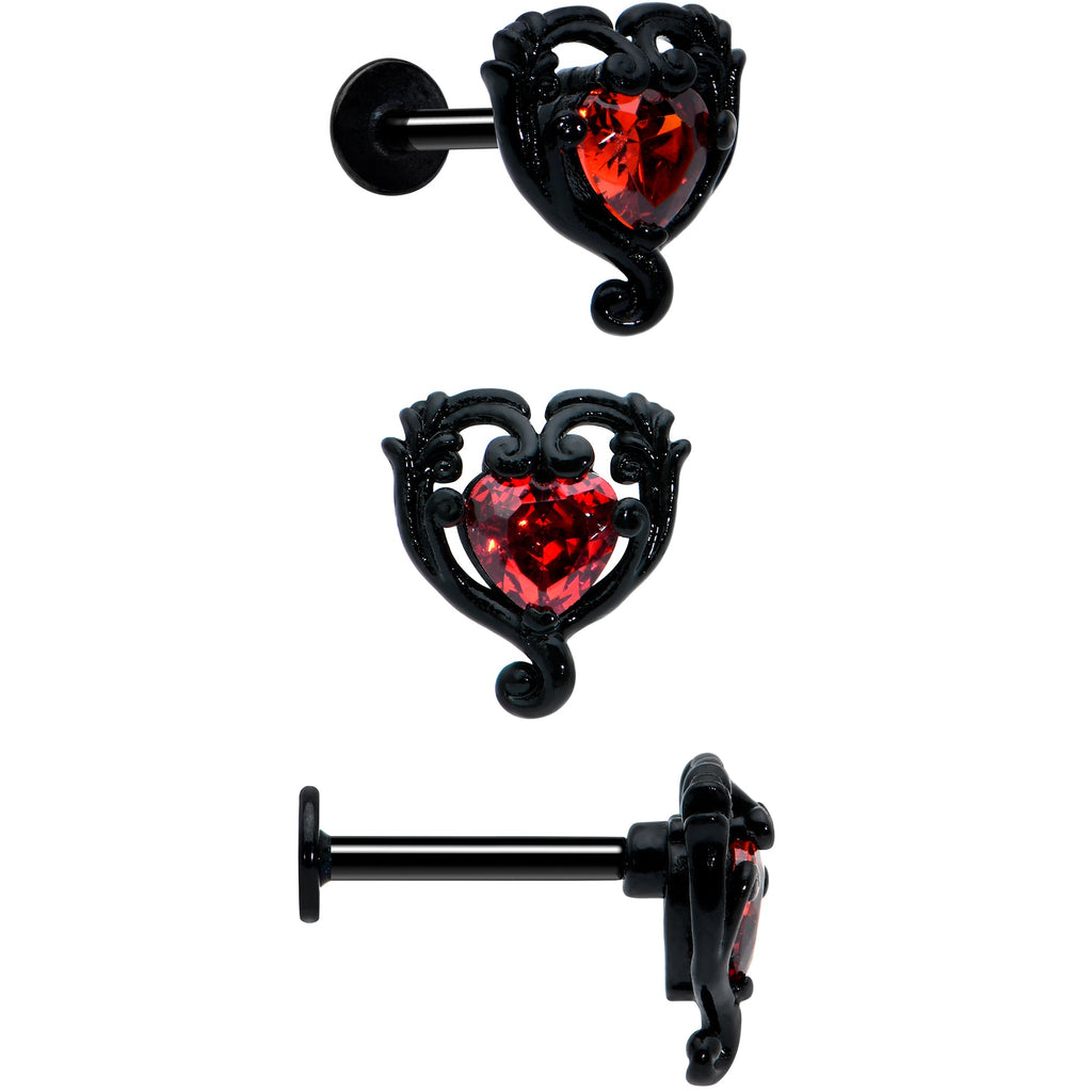 BodyCandy 16G 5/16 Red CZ Gem Black Skull Passion Heart Labret Tragus Curation Set of 3 — detail close-up