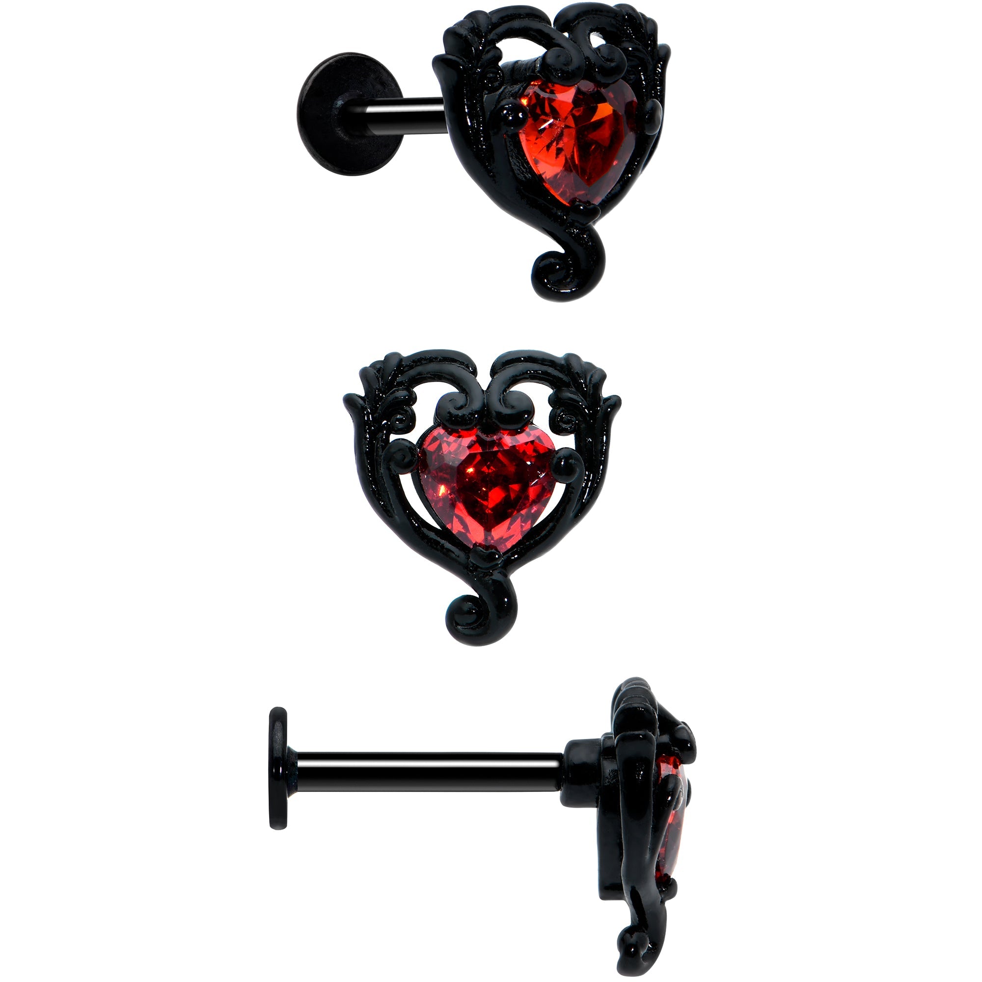 BodyCandy 16G 5/16 Red CZ Gem Black Skull Passion Heart Labret Tragus Curation Set of 3 — detail close-up