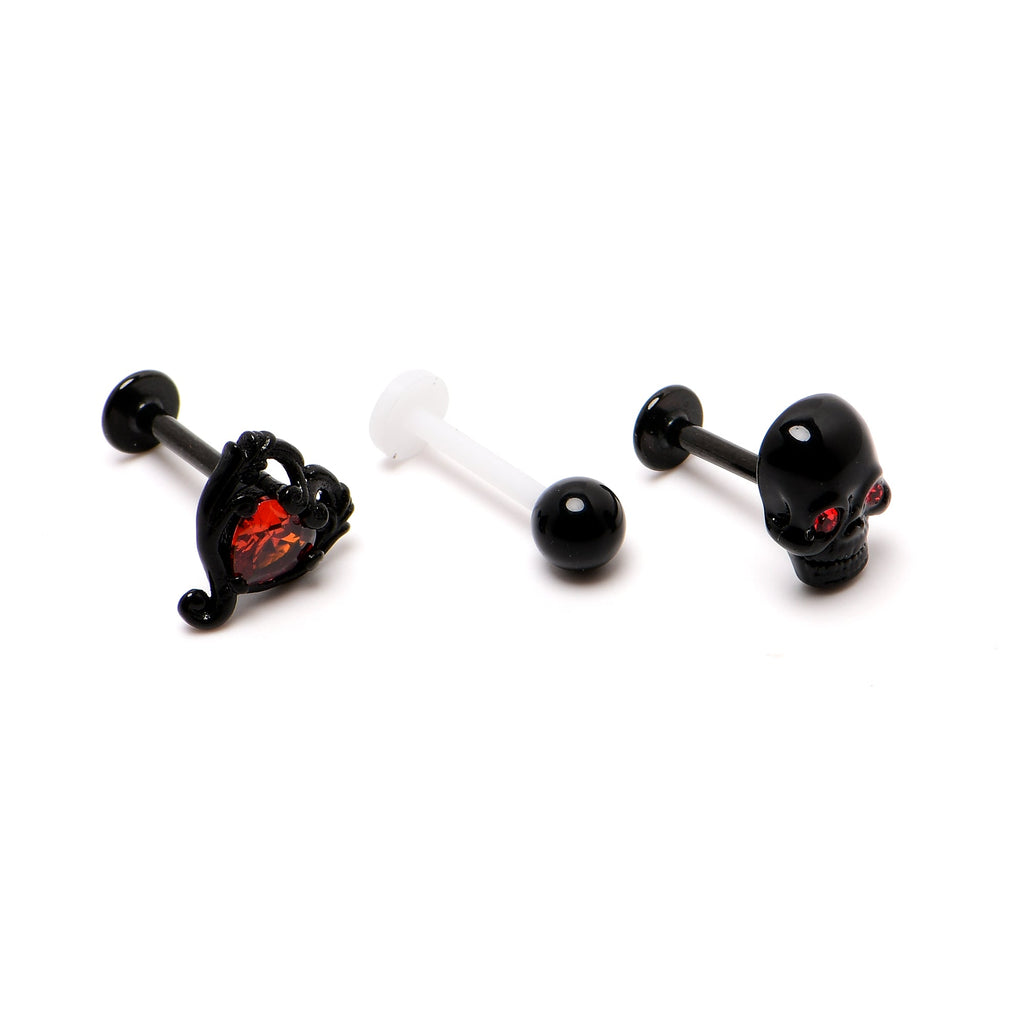 BodyCandy 16G 5/16 Red CZ Gem Black Skull Passion Heart Labret Tragus Curation Set of 3 — in-use photo