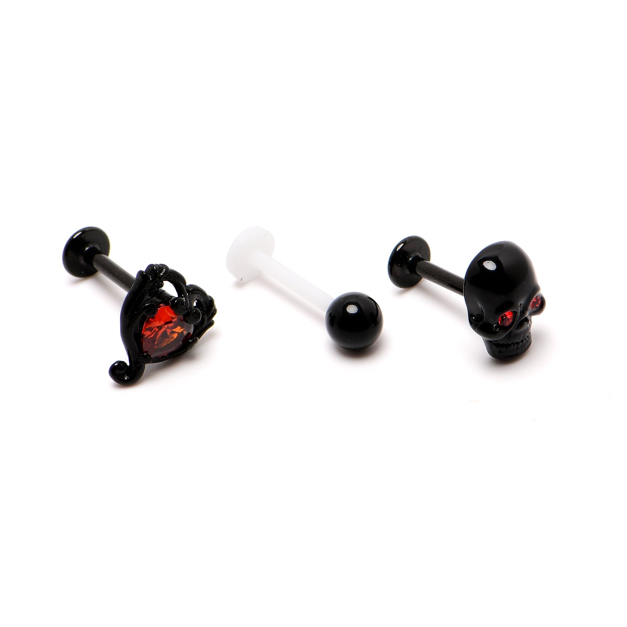 BodyCandy 16G 5/16 Red CZ Gem Black Skull Passion Heart Labret Tragus Curation Set of 3 — in-use photo