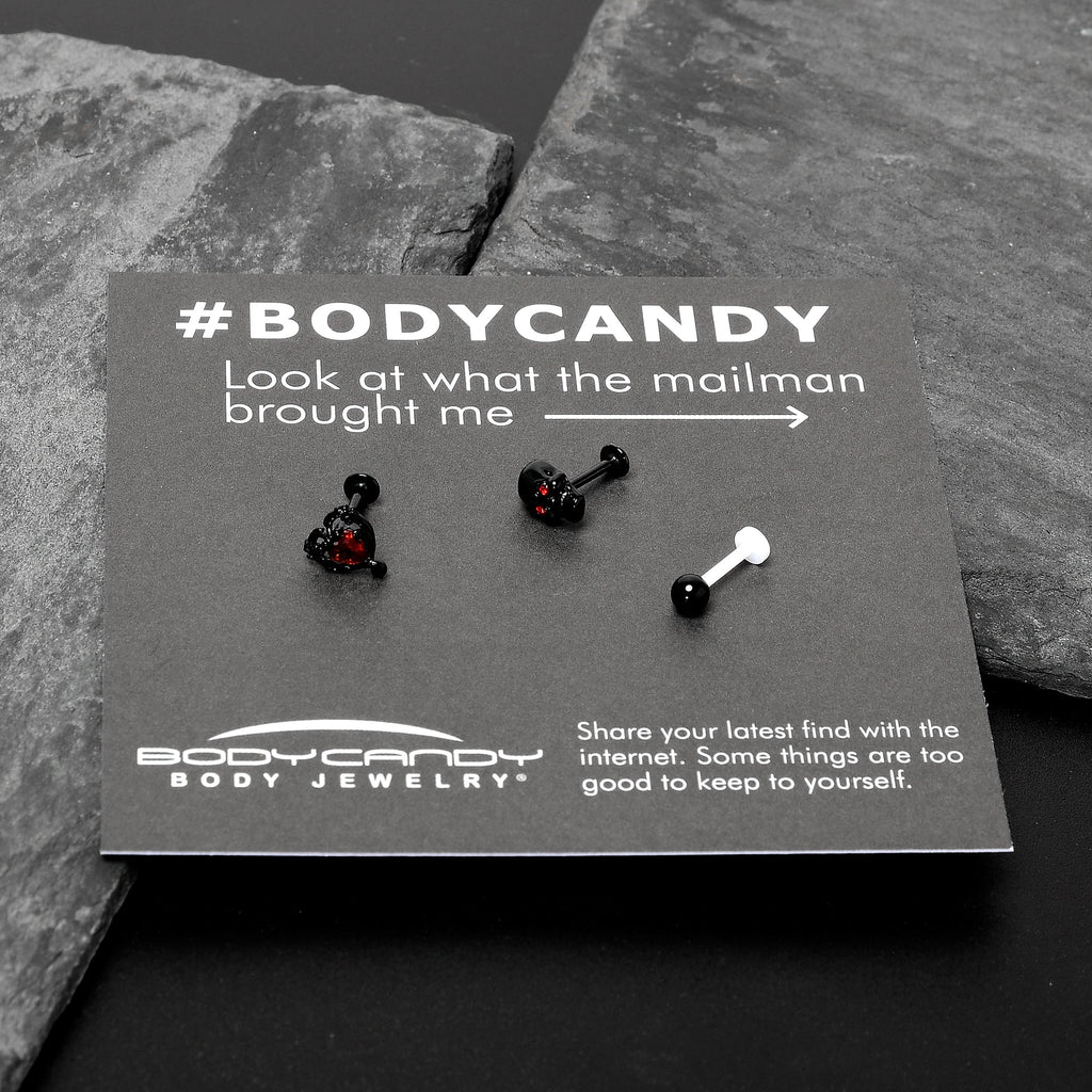 BodyCandy 16G 5/16 Red CZ Gem Black Skull Passion Heart Labret Tragus Curation Set of 3 — size reference