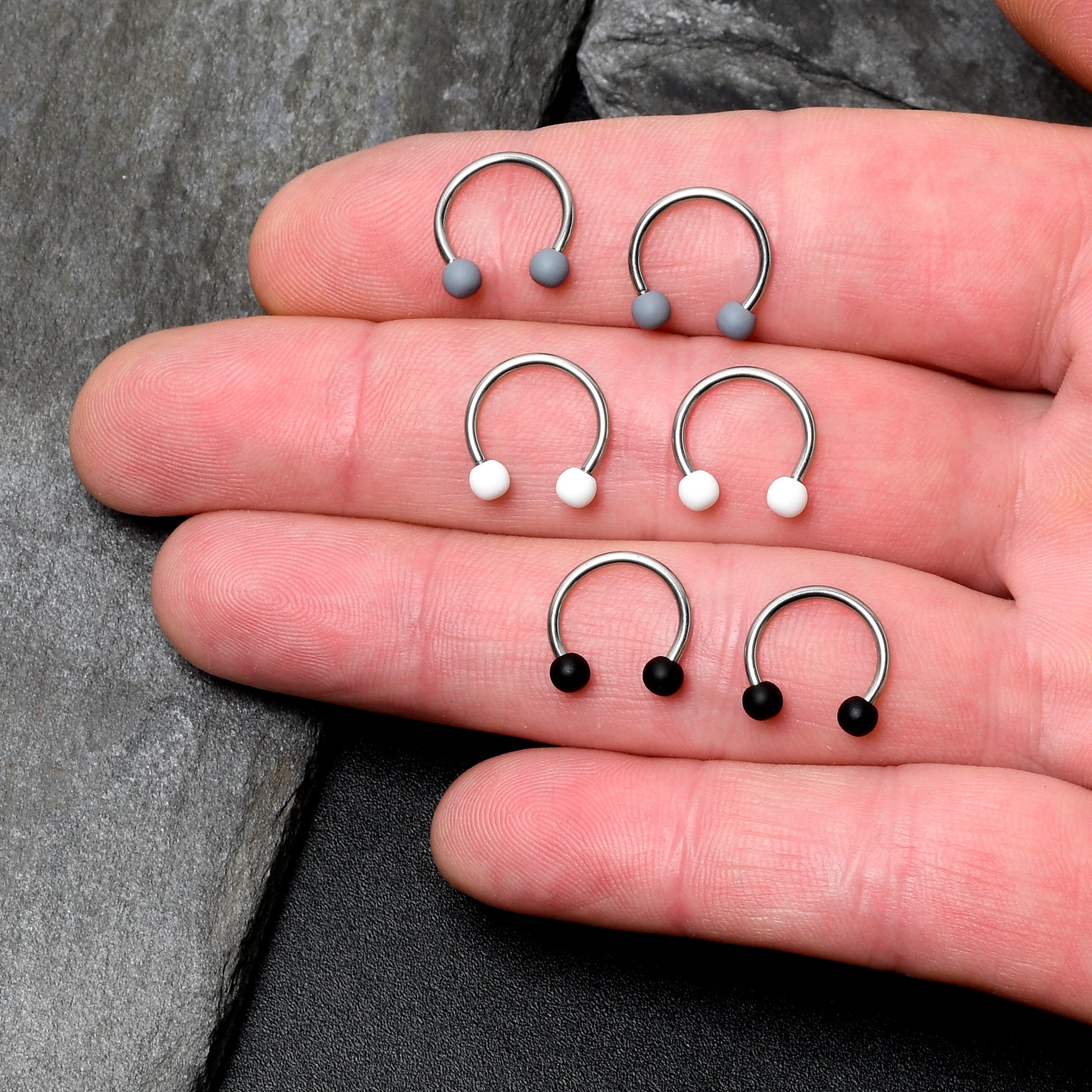BodyCandy 16G 3/8 Matte Black White Grey Horseshoe Circular Barbell Set of 6 — detail close-up