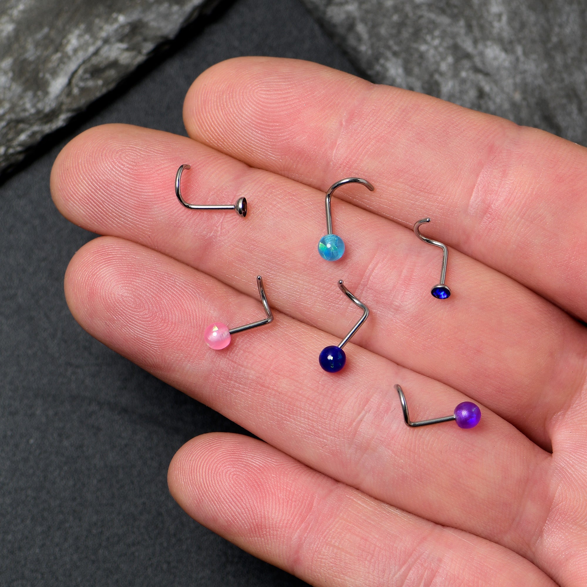 BodyCandy 20G Nose Screw Gem Faux Opal Pack Classy Nose Ring Set of 6 — side view
