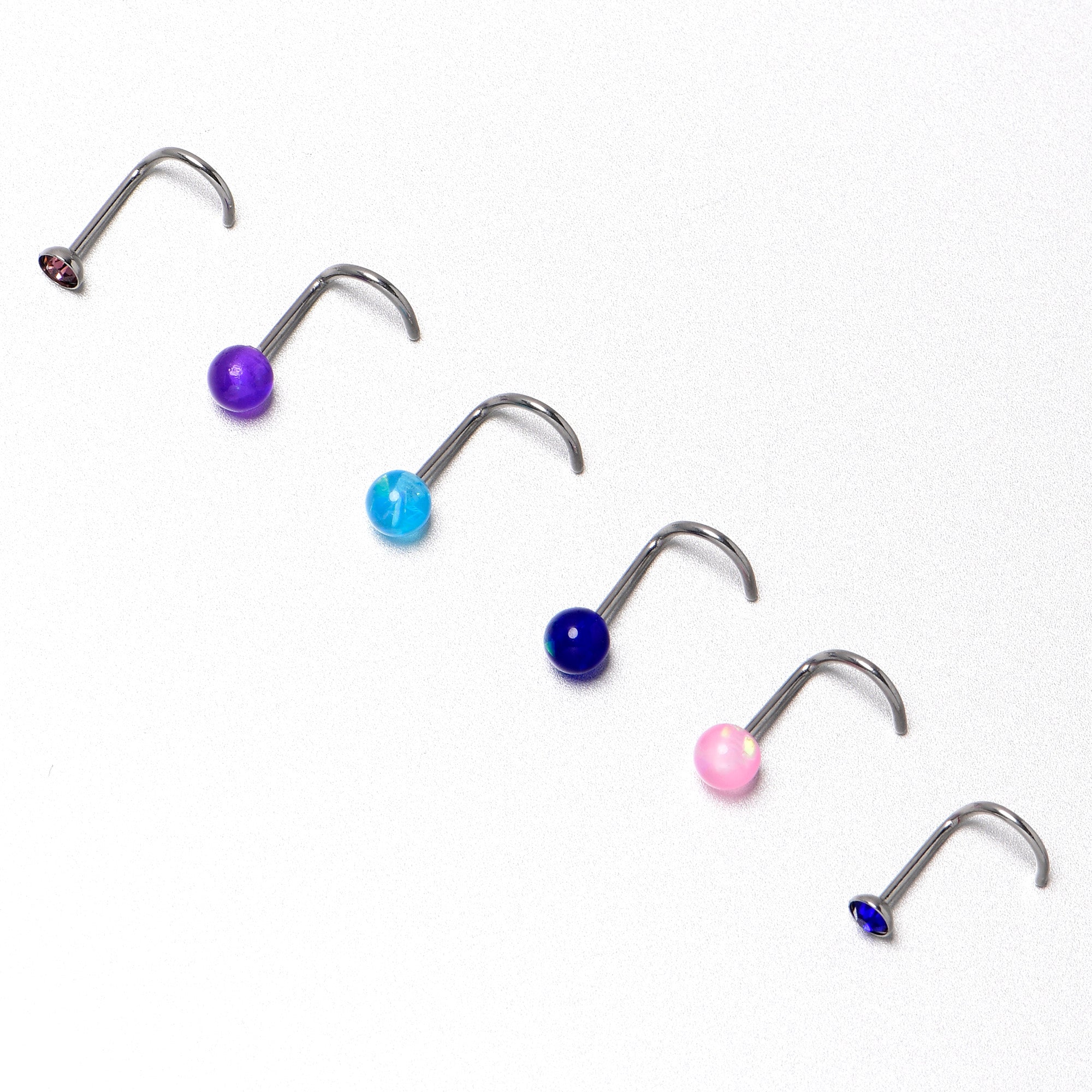 BodyCandy 20G Nose Screw Gem Faux Opal Pack Classy Nose Ring Set of 6 — in-use photo