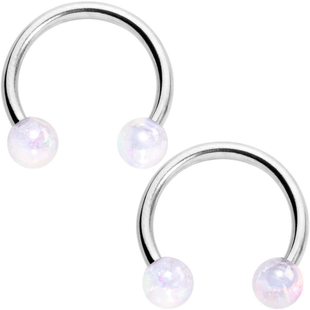 BodyCandy 14G 9/16 White Faux Opal Horseshoe Barbell Nipple Ring Set of 4 — detail close-up