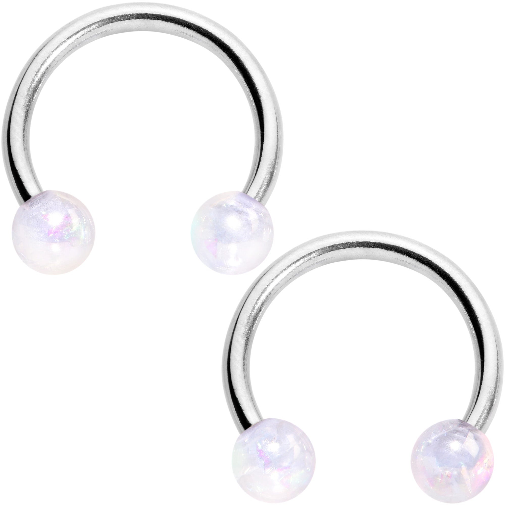 BodyCandy 14G 9/16 White Faux Opal Horseshoe Barbell Nipple Ring Set of 4 — detail close-up