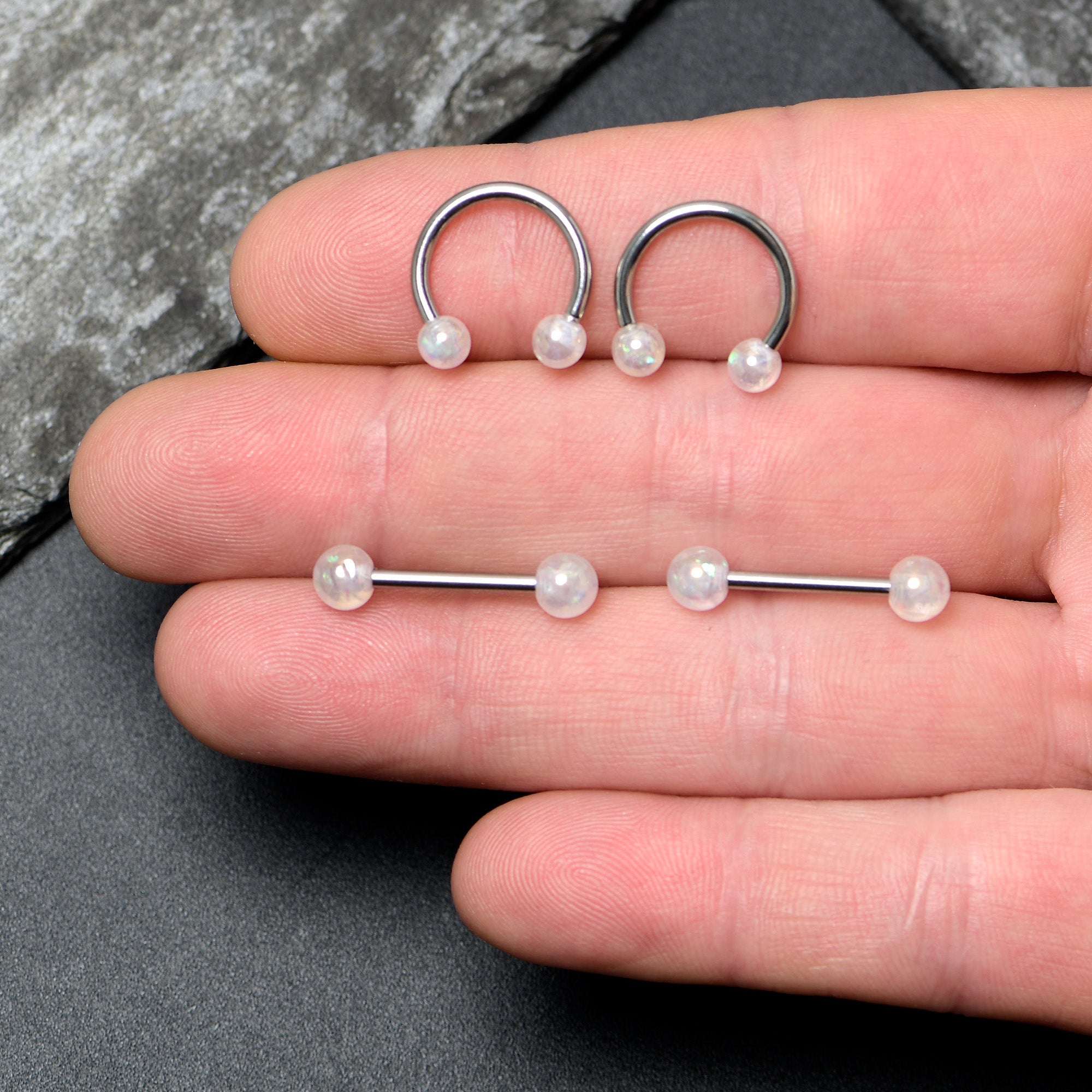 BodyCandy 14G 9/16 White Faux Opal Horseshoe Barbell Nipple Ring Set of 4 — side view