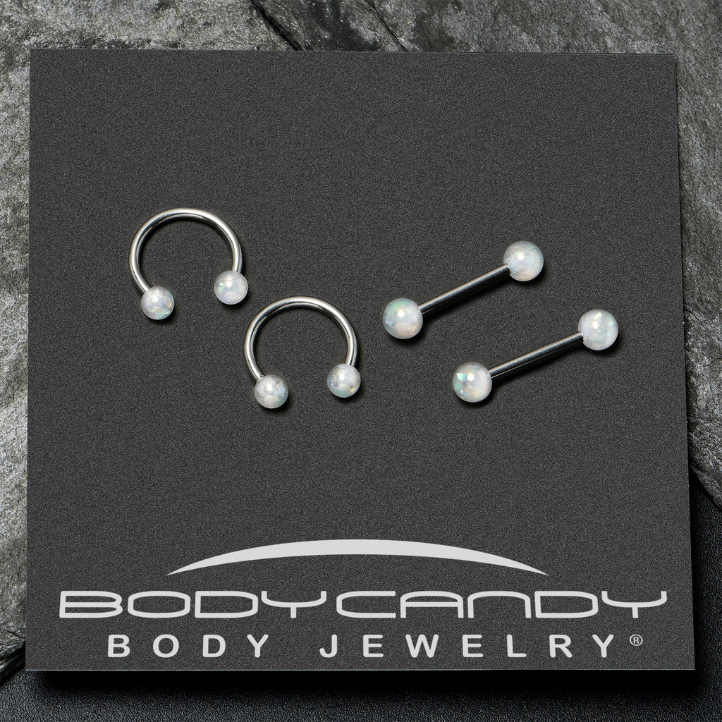 BodyCandy 14G 9/16 White Faux Opal Horseshoe Barbell Nipple Ring Set of 4 — alternative angle