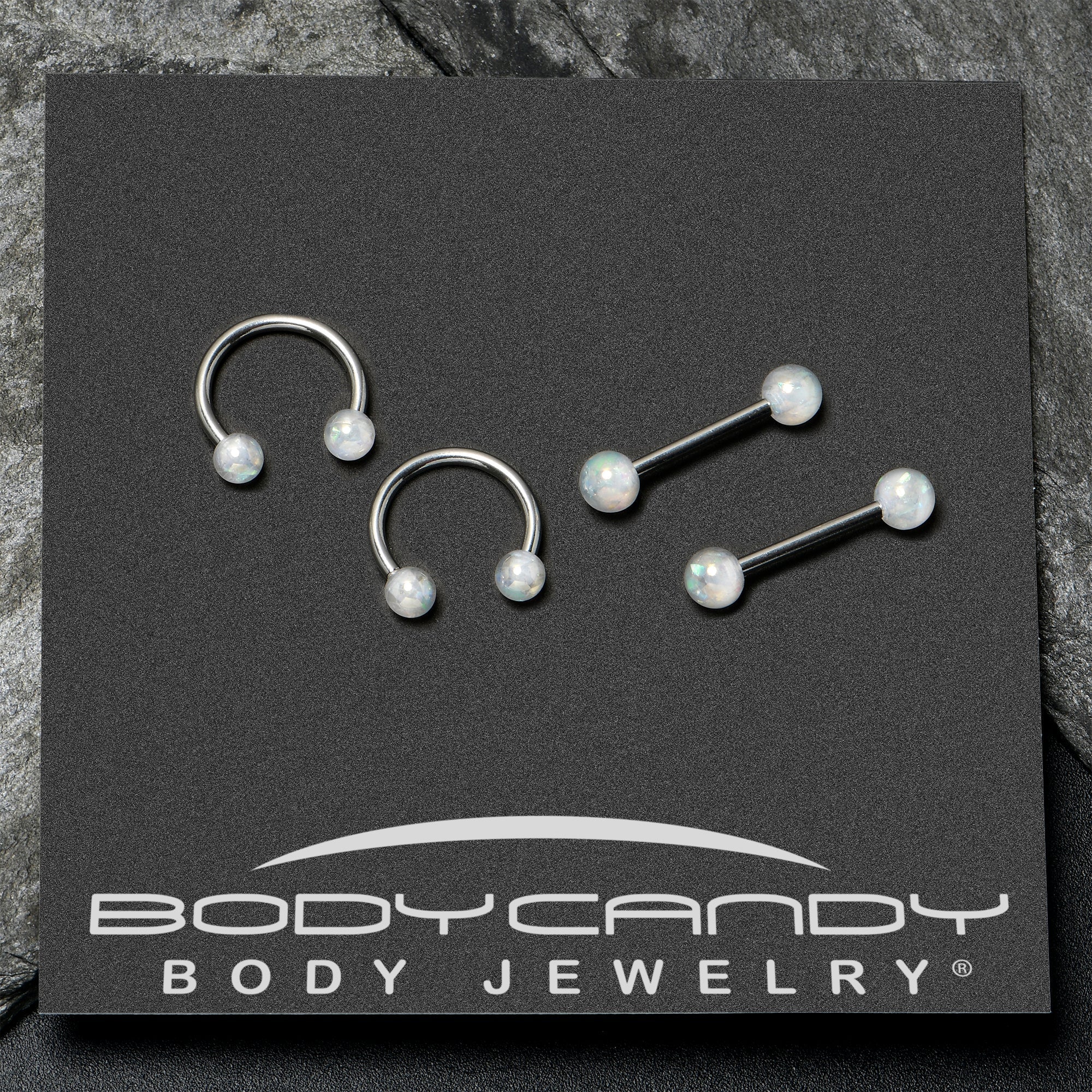BodyCandy 14G 9/16 White Faux Opal Horseshoe Barbell Nipple Ring Set of 4 — alternative angle