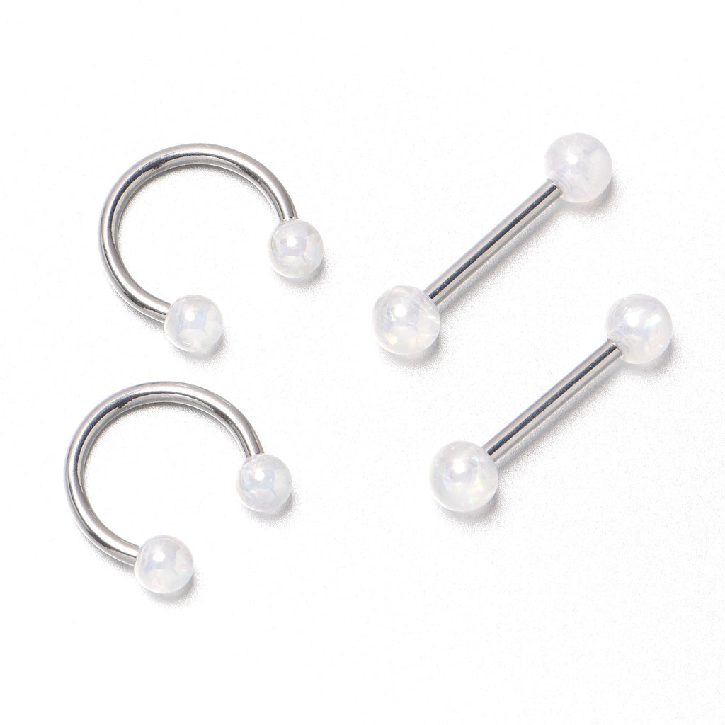 BodyCandy 14G 9/16 White Faux Opal Horseshoe Barbell Nipple Ring Set of 4 — in-use photo