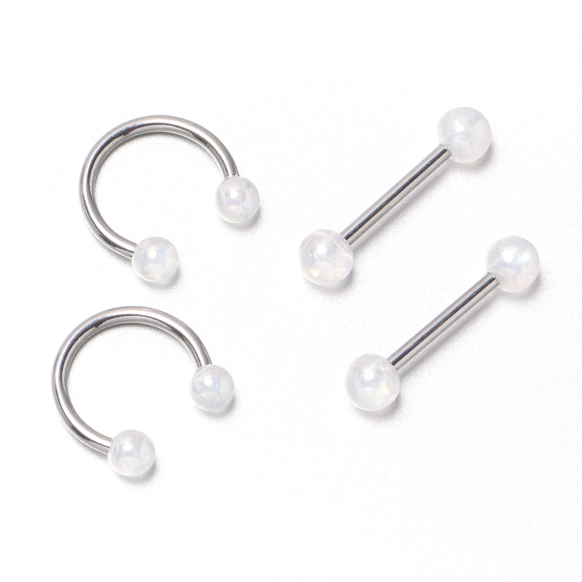 BodyCandy 14G 9/16 White Faux Opal Horseshoe Barbell Nipple Ring Set of 4 — in-use photo