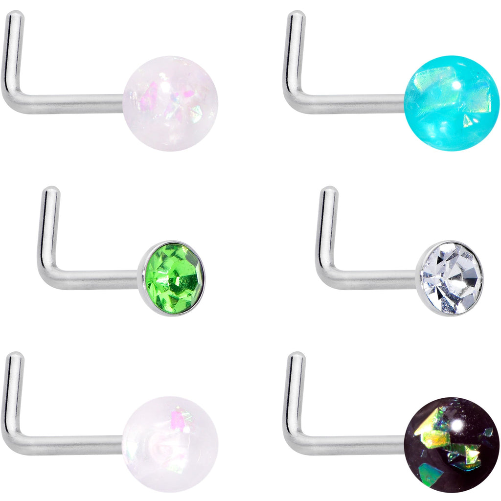 BodyCandy 20G 1/4 Green Gem Green Aurora Faux Opal Pack L Shape Nose Ring Set of 6 — main product shot