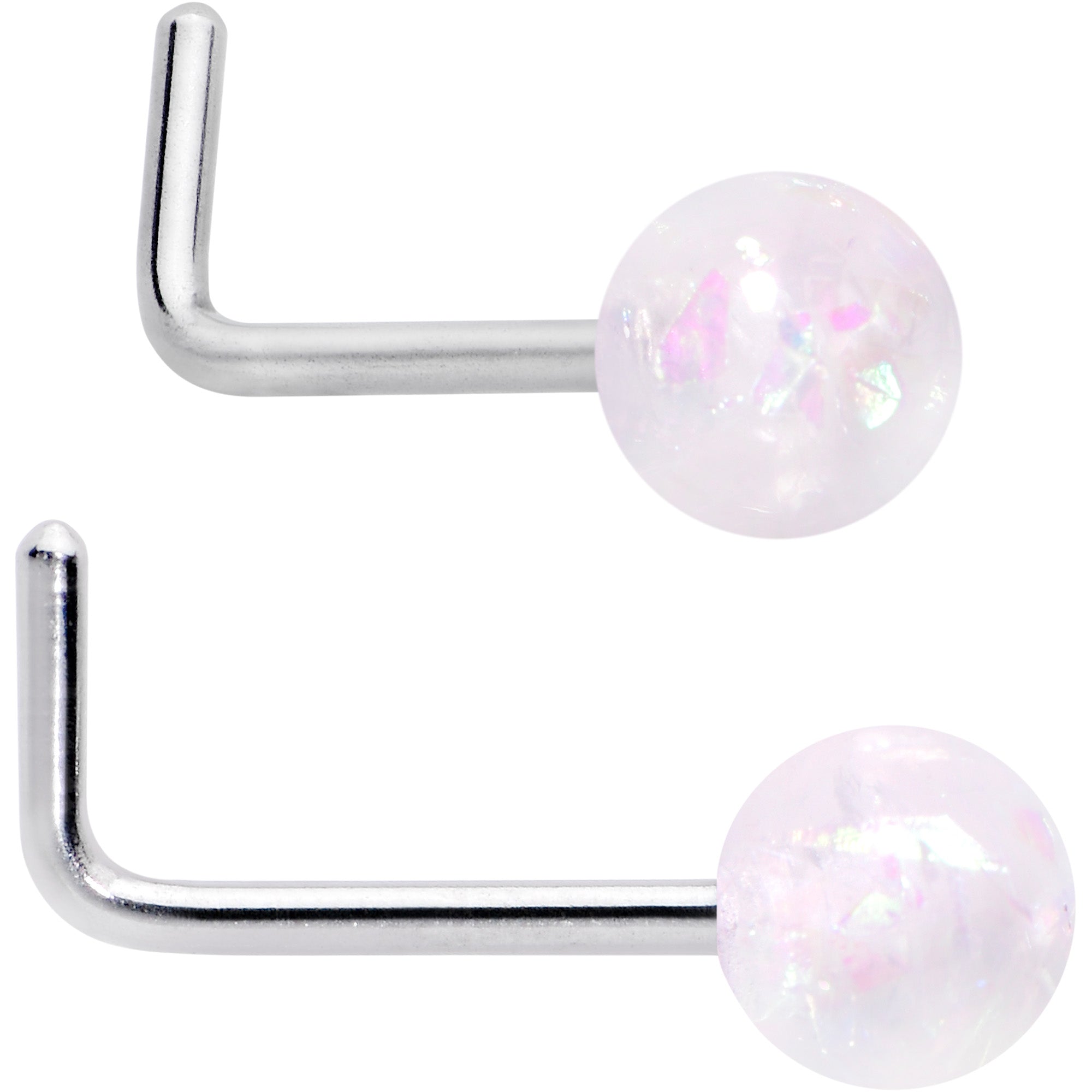 BodyCandy 20G 1/4 Green Gem Green Aurora Faux Opal Pack L Shape Nose Ring Set of 6 — detail close-up