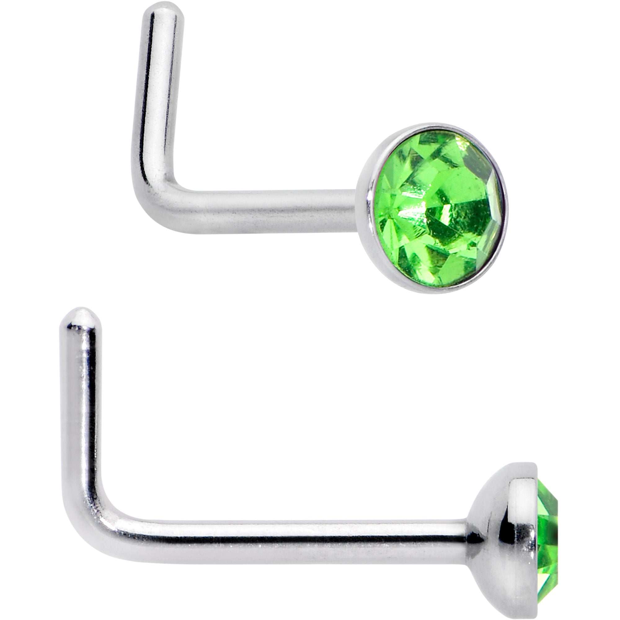 BodyCandy 20G 1/4 Green Gem Green Aurora Faux Opal Pack L Shape Nose Ring Set of 6 — side view