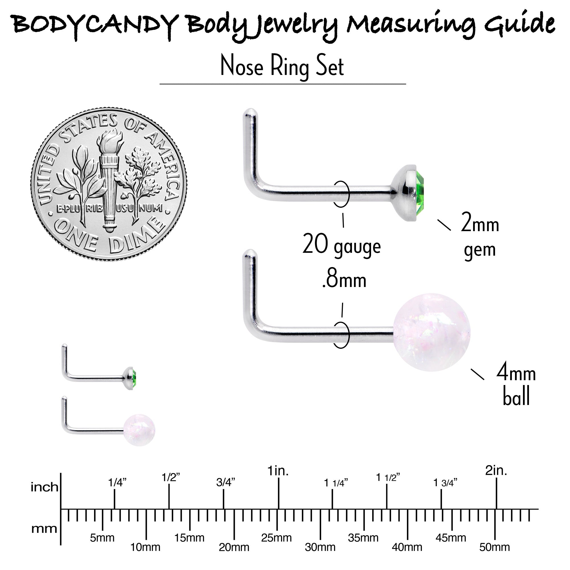 BodyCandy 20G 1/4 Green Gem Green Aurora Faux Opal Pack L Shape Nose Ring Set of 6 — alternative angle