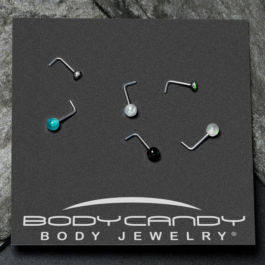 BodyCandy 20G 1/4 Green Gem Green Aurora Faux Opal Pack L Shape Nose Ring Set of 6 — in-use photo