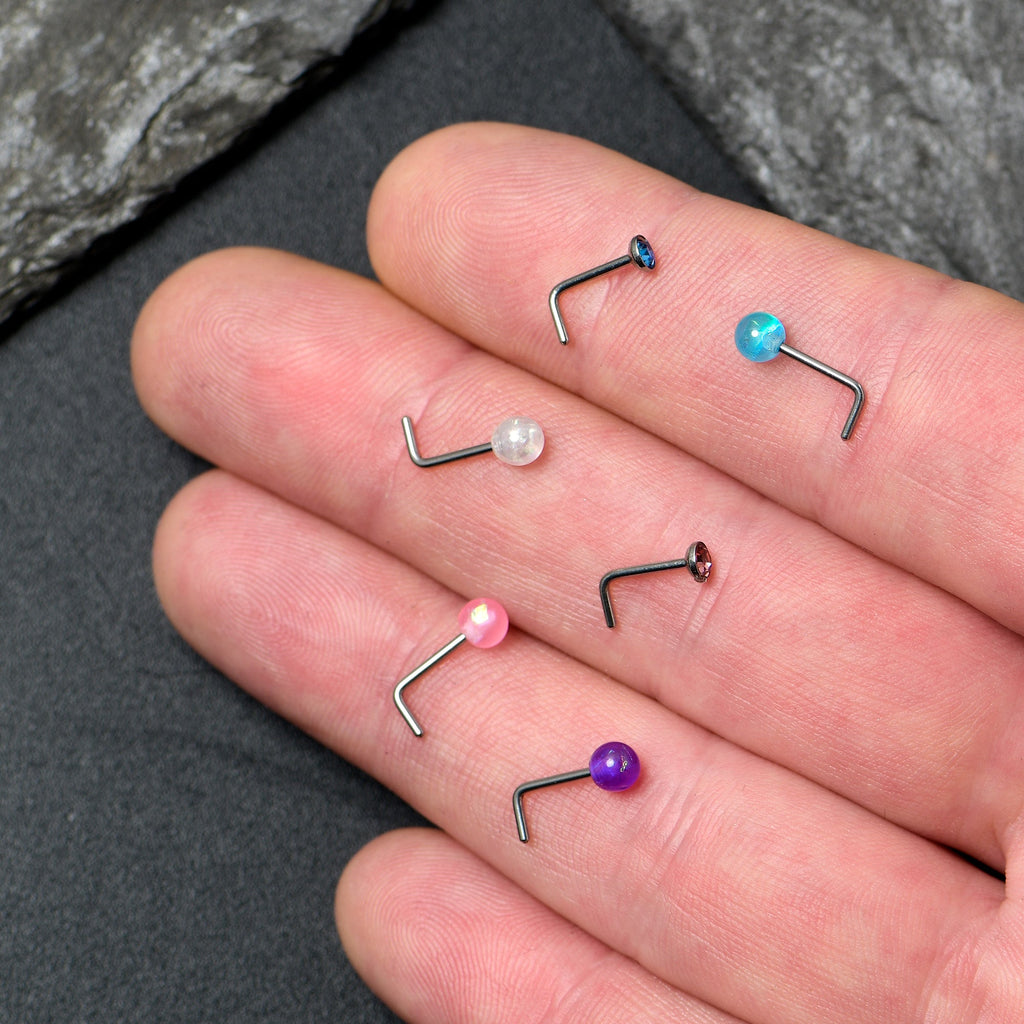 BodyCandy 20G 1/4 Pink Gem Purple Pink Faux Opal Pack L Shape Nose Ring Set of 6 — back view