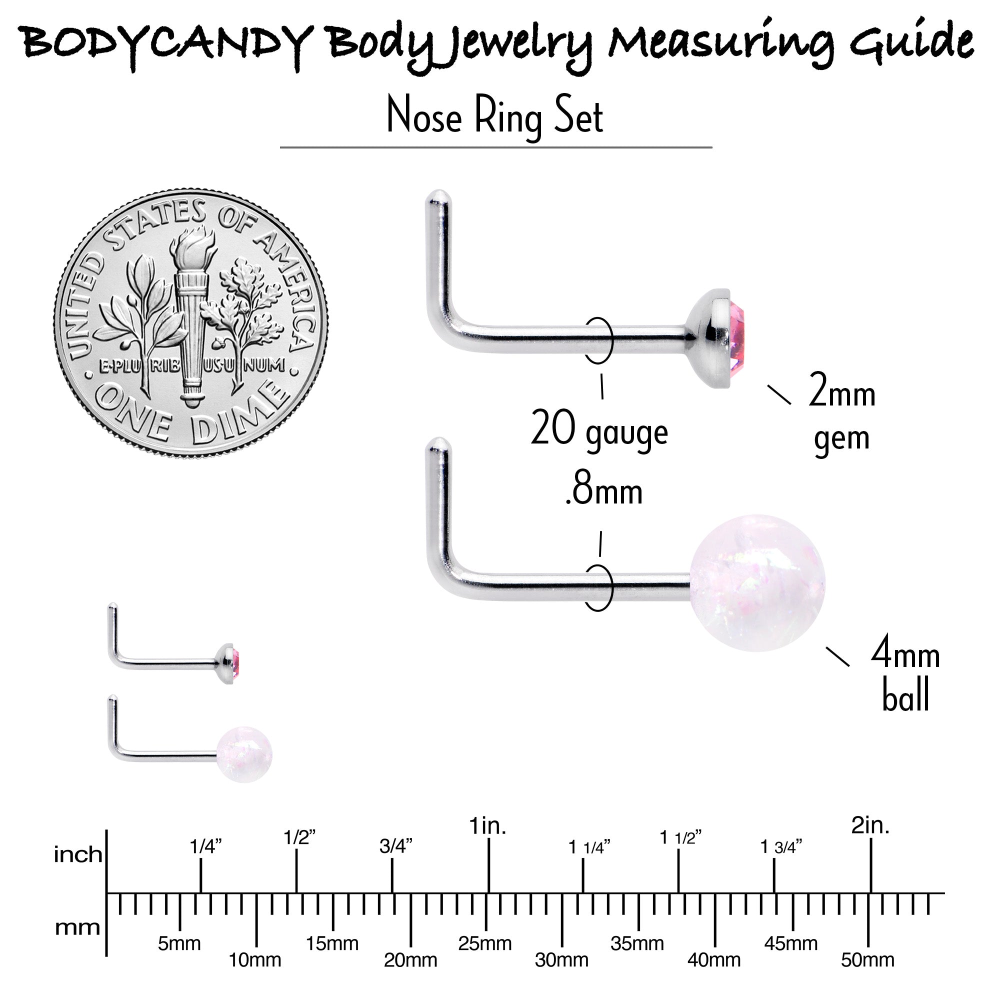 BodyCandy 20G 1/4 Pink Gem Purple Pink Faux Opal Pack L Shape Nose Ring Set of 6 — alternative angle