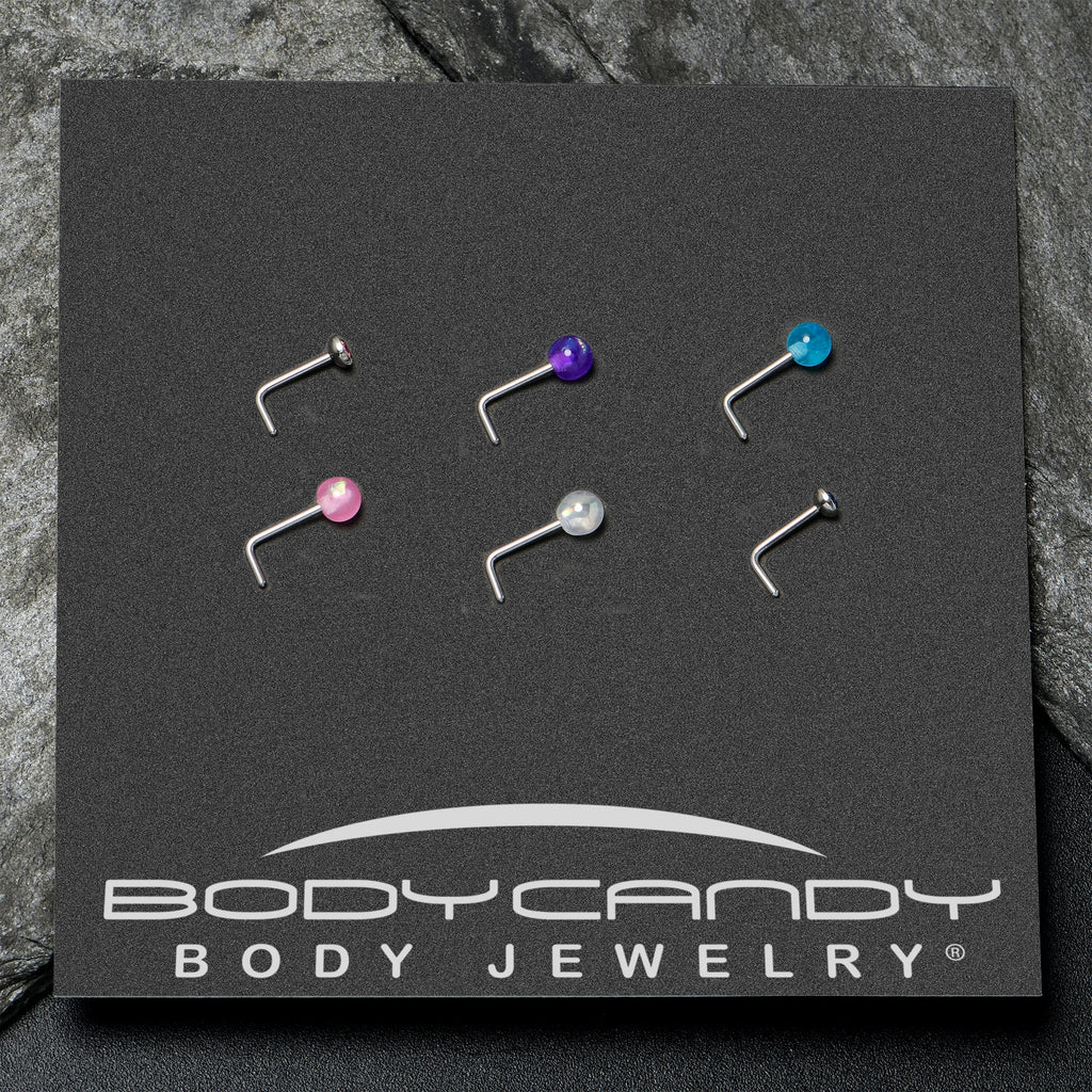 BodyCandy 20G 1/4 Pink Gem Purple Pink Faux Opal Pack L Shape Nose Ring Set of 6 — in-use photo