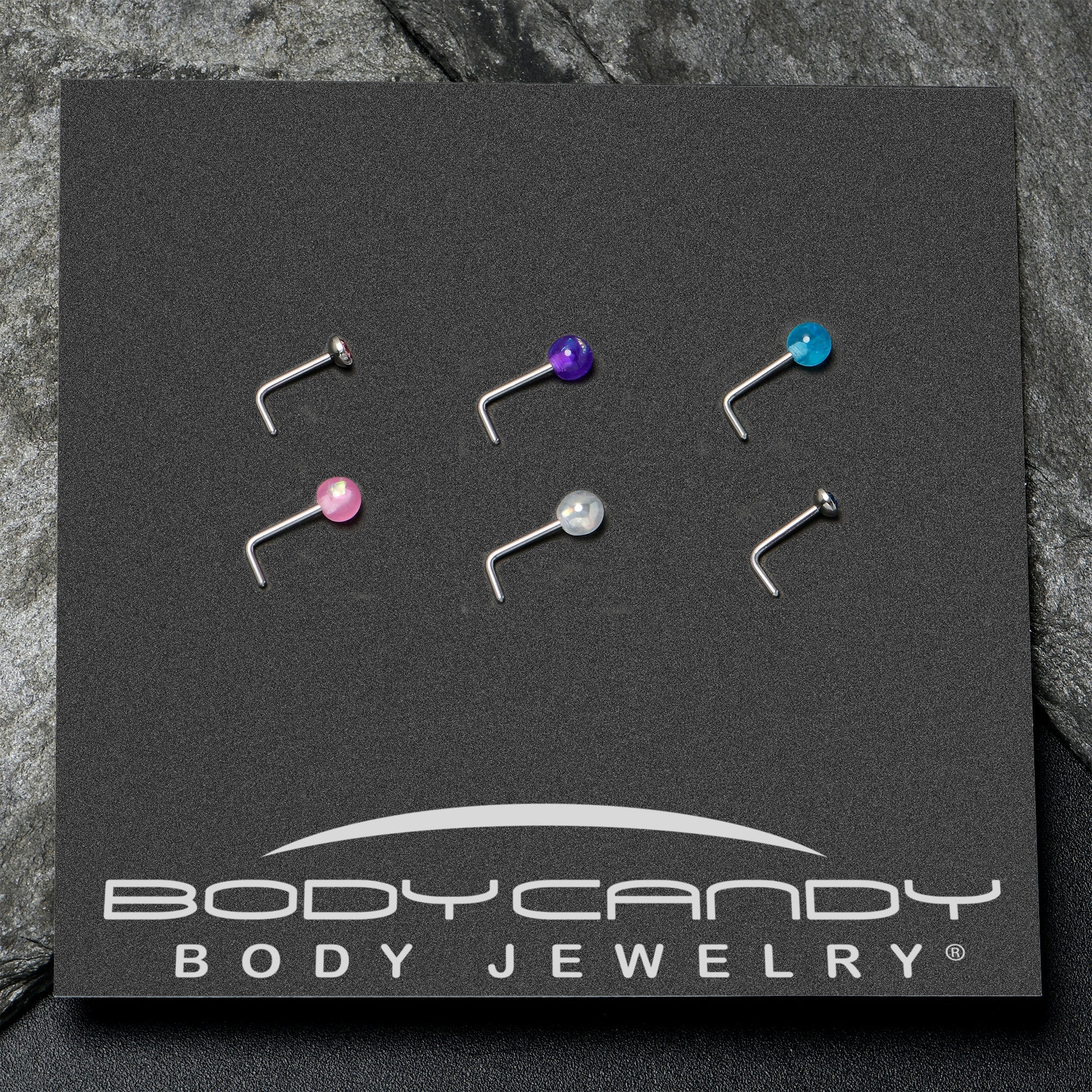BodyCandy 20G 1/4 Pink Gem Purple Pink Faux Opal Pack L Shape Nose Ring Set of 6 — in-use photo