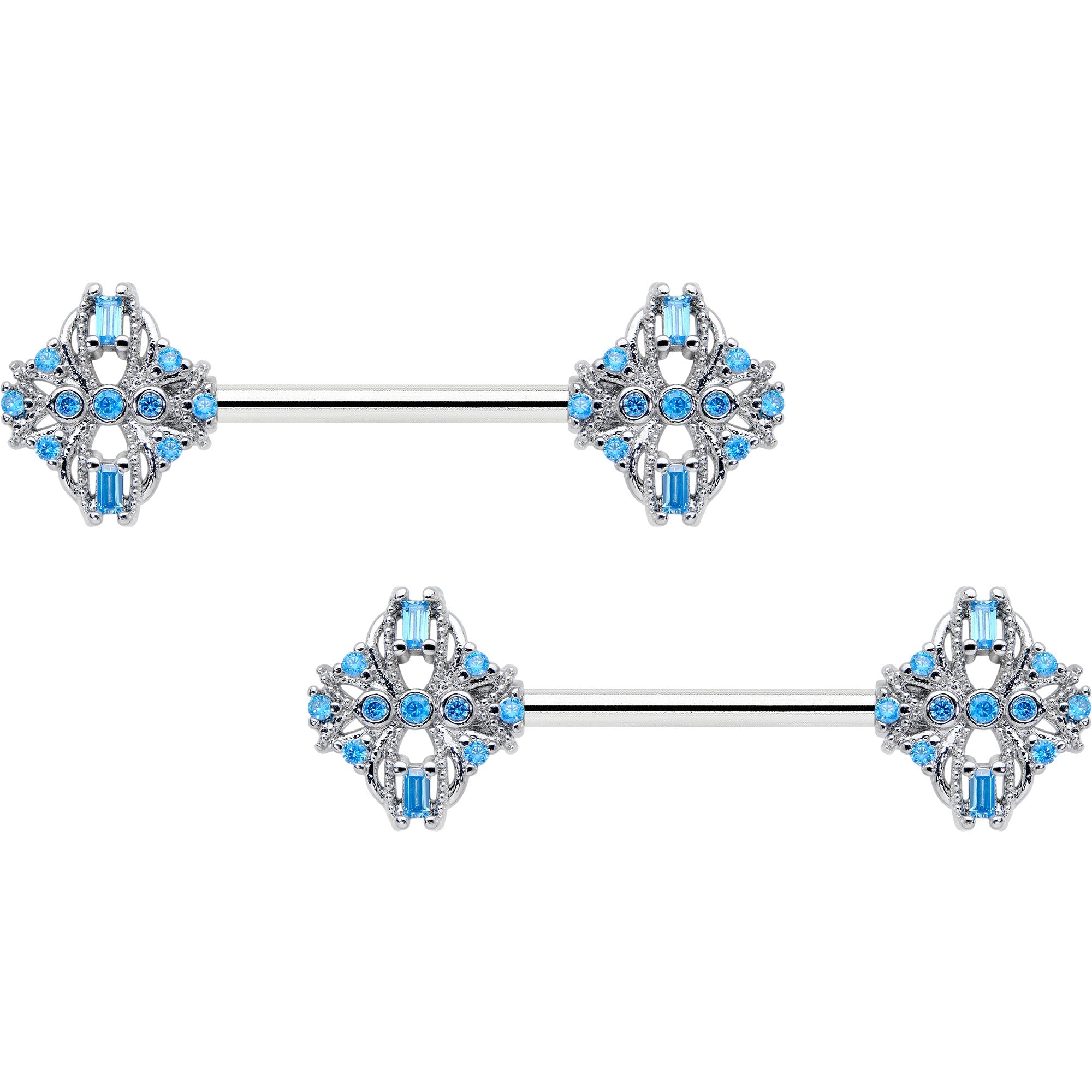 BodyCandy 14G 9/16 Blue CZ Gem Opulent Cross Barbell Nipple Ring Set — main product shot