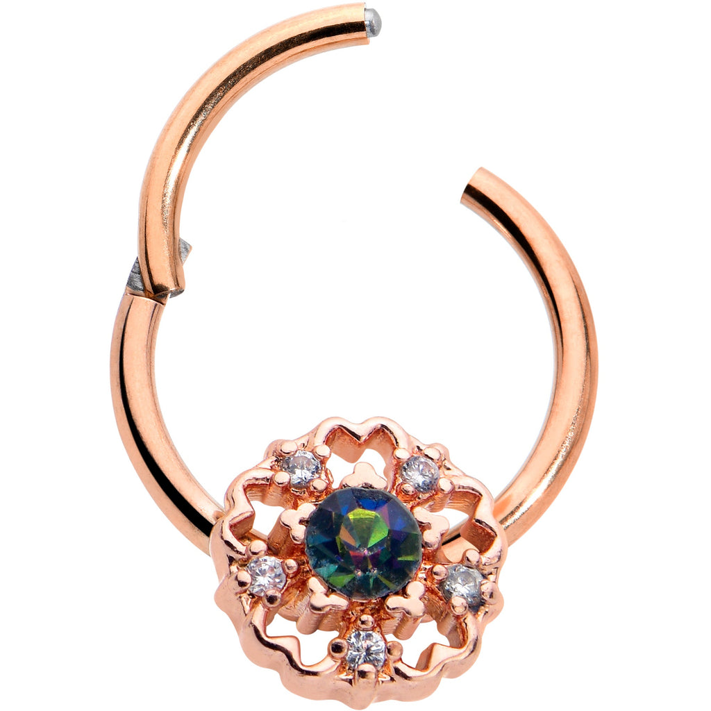 BodyCandy 16G 3/8 Vitrail Gem Rose Gold Hue Flower Hinged Segment Ring — detail close-up