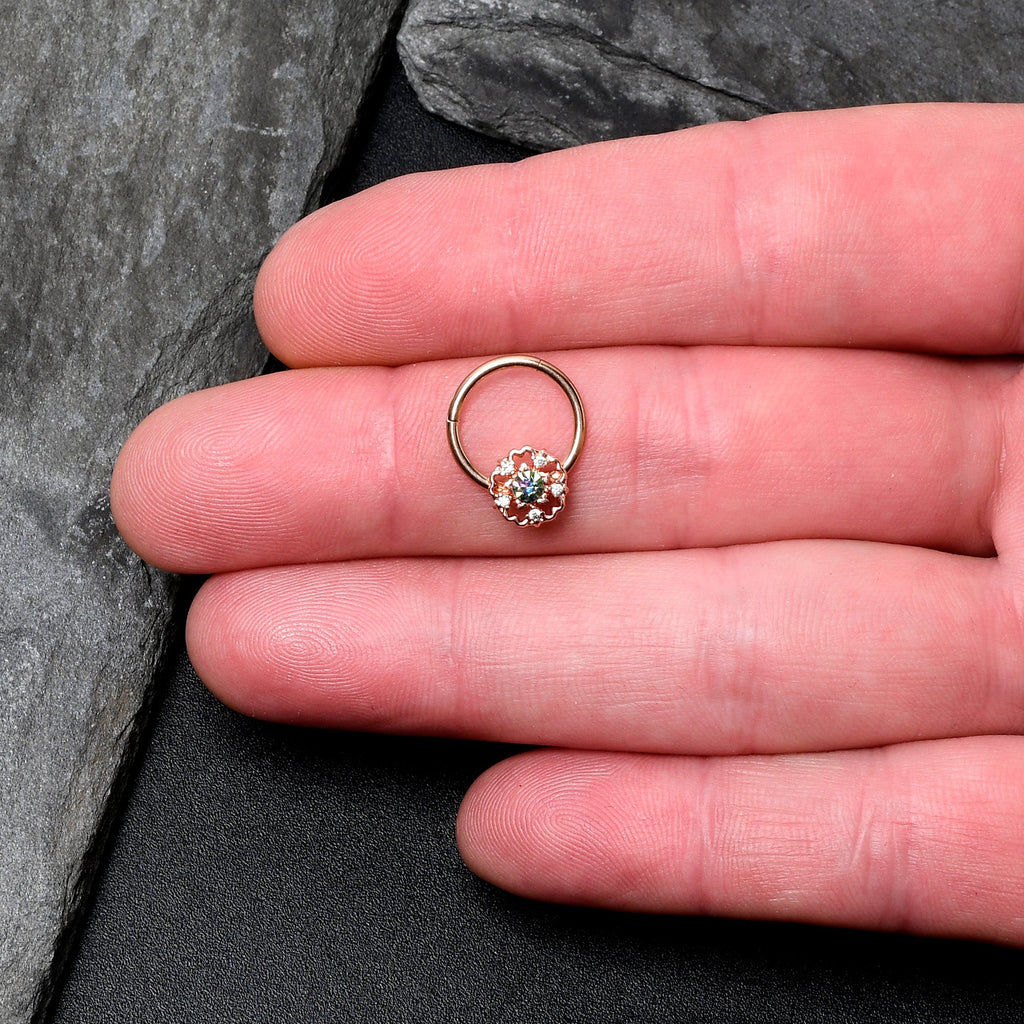 BodyCandy 16G 3/8 Vitrail Gem Rose Gold Hue Flower Hinged Segment Ring — lifestyle context