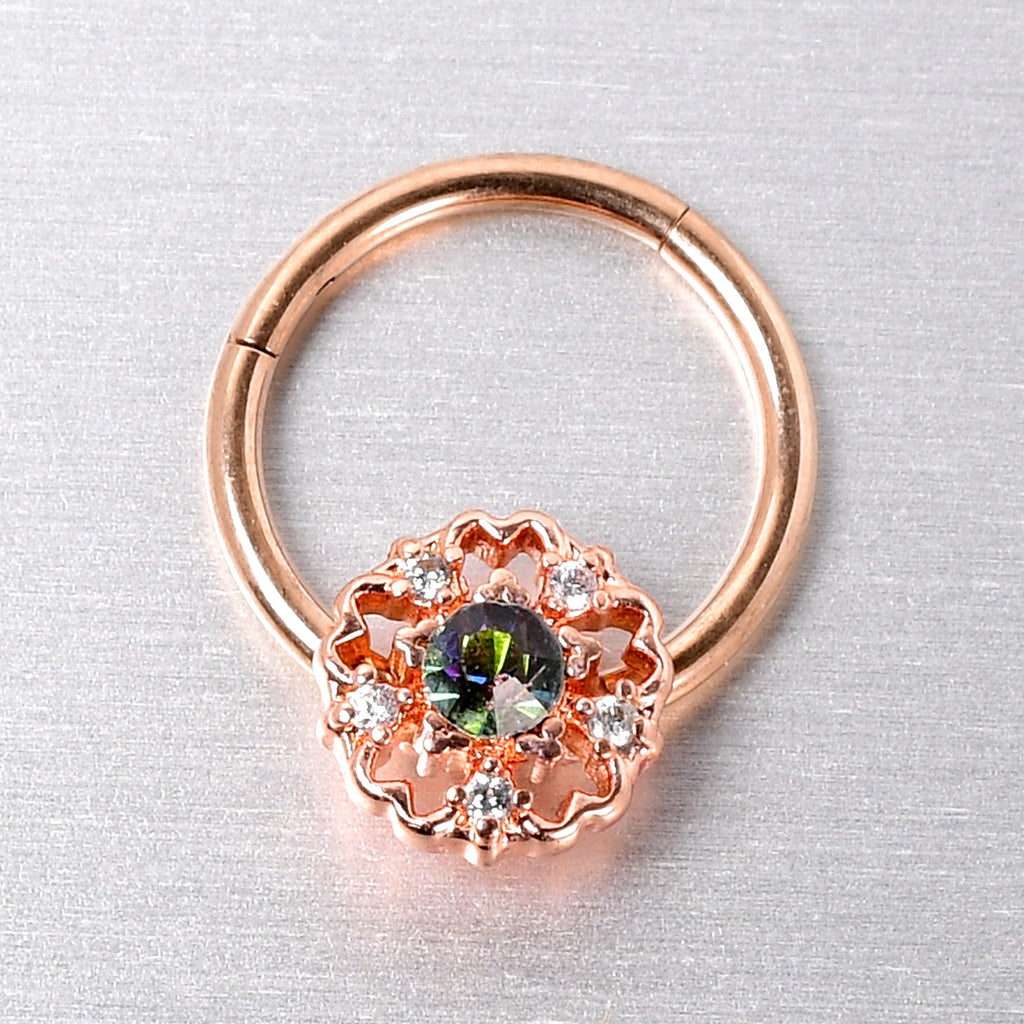 BodyCandy 16G 3/8 Vitrail Gem Rose Gold Hue Flower Hinged Segment Ring — side view