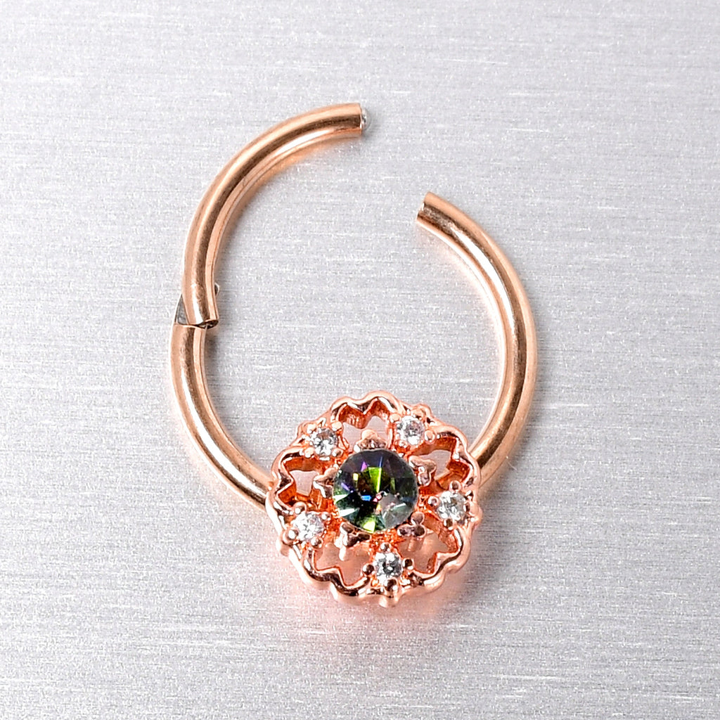 BodyCandy 16G 3/8 Vitrail Gem Rose Gold Hue Flower Hinged Segment Ring — back view