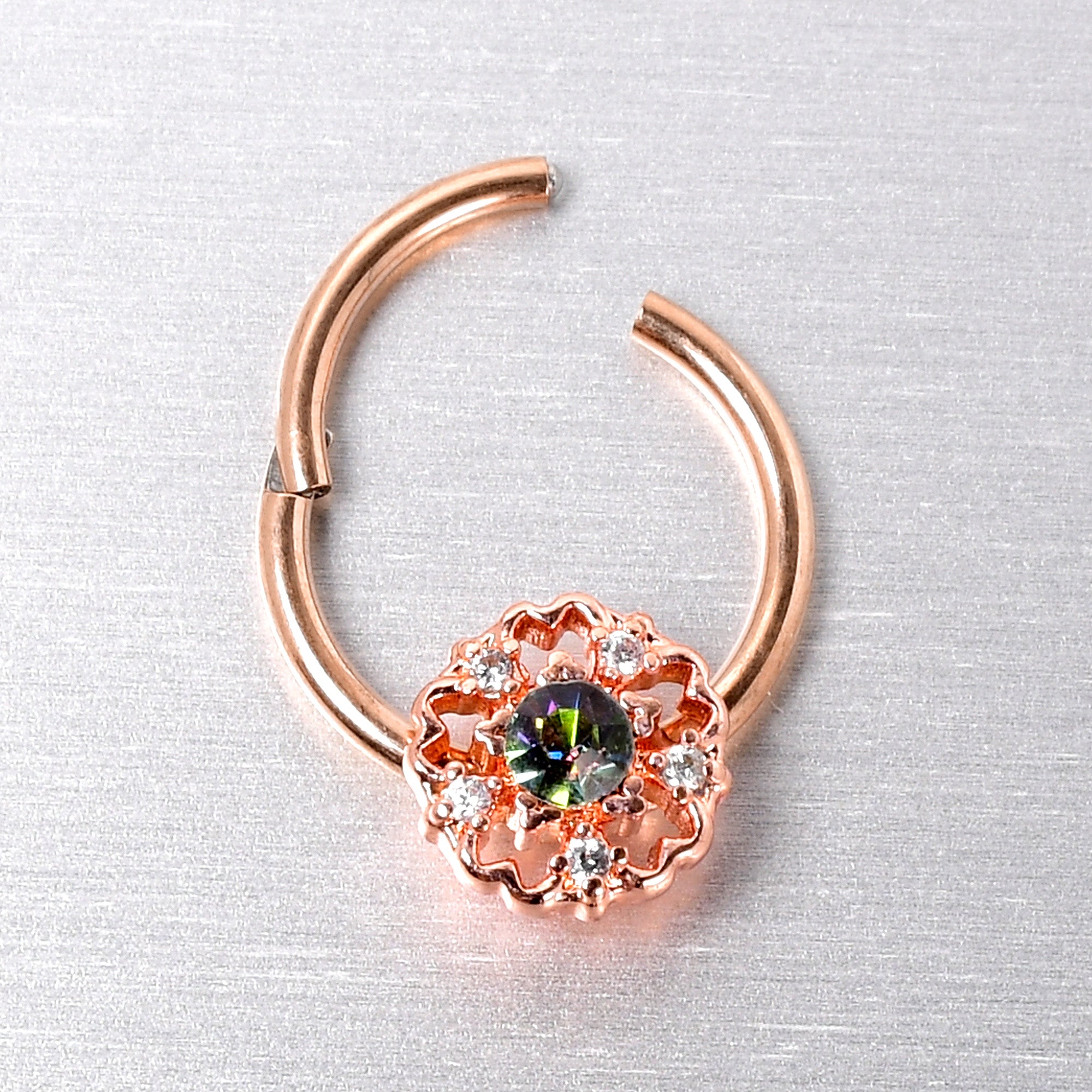 BodyCandy 16G 3/8 Vitrail Gem Rose Gold Hue Flower Hinged Segment Ring — back view