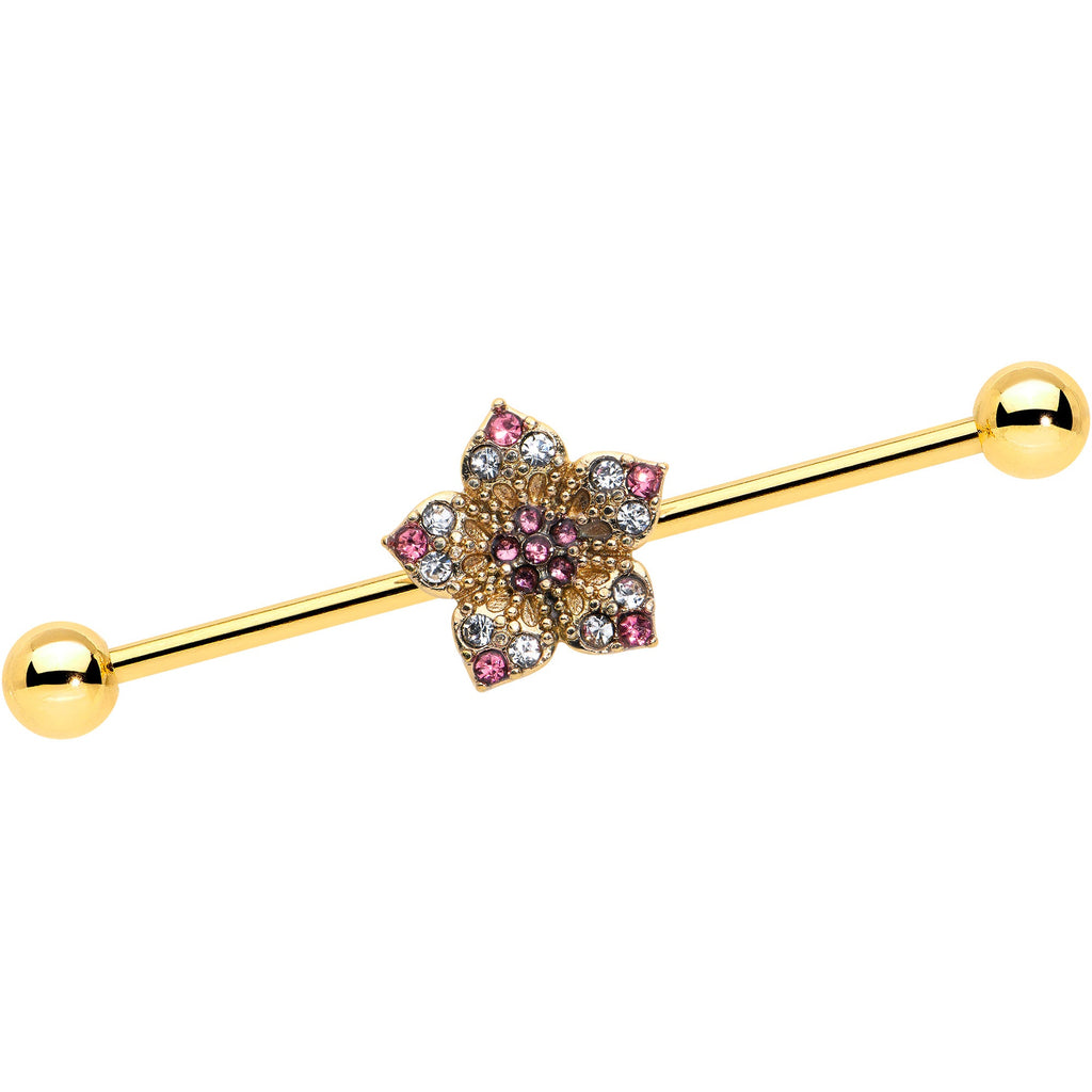 BodyCandy 14G Clear Pink Gem Gold Tone Texture Star Industrial Barbell 38mm — main product shot