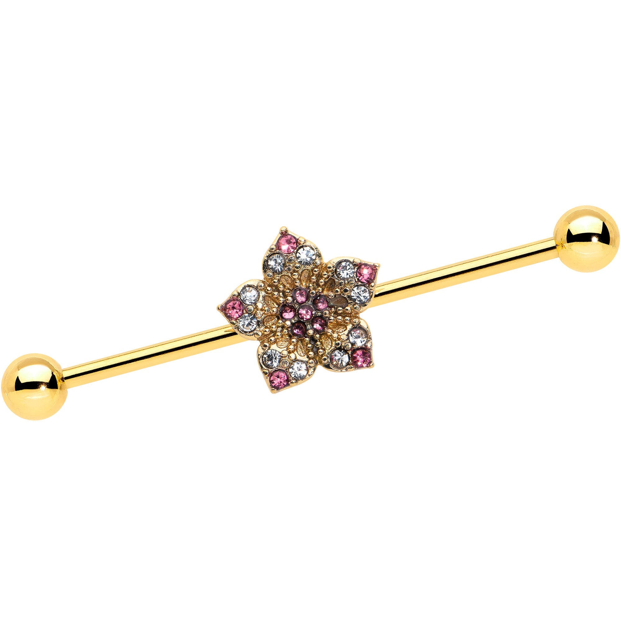 BodyCandy 14G Clear Pink Gem Gold Tone Texture Star Industrial Barbell 38mm — main product shot