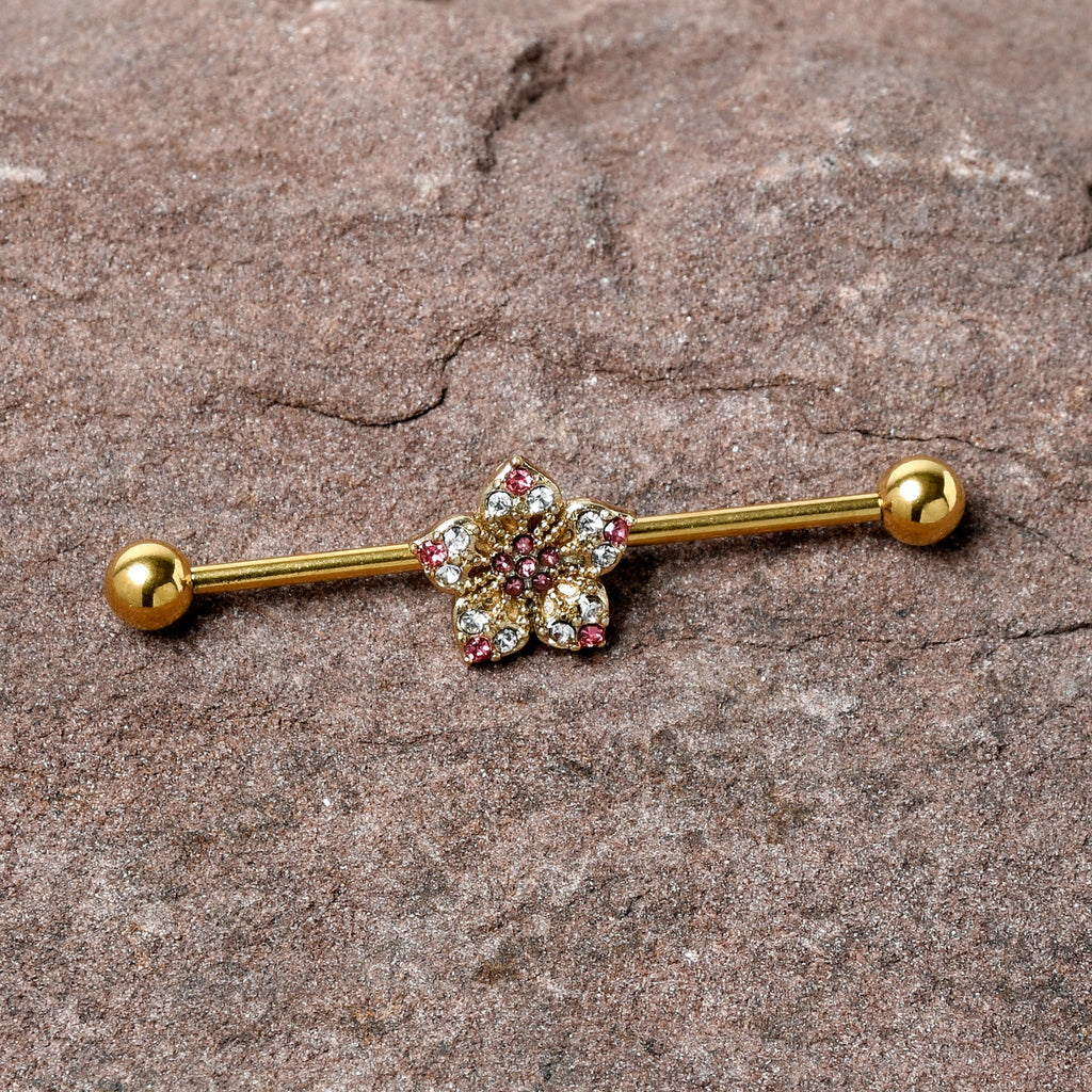 BodyCandy 14G Clear Pink Gem Gold Tone Texture Star Industrial Barbell 38mm — detail close-up