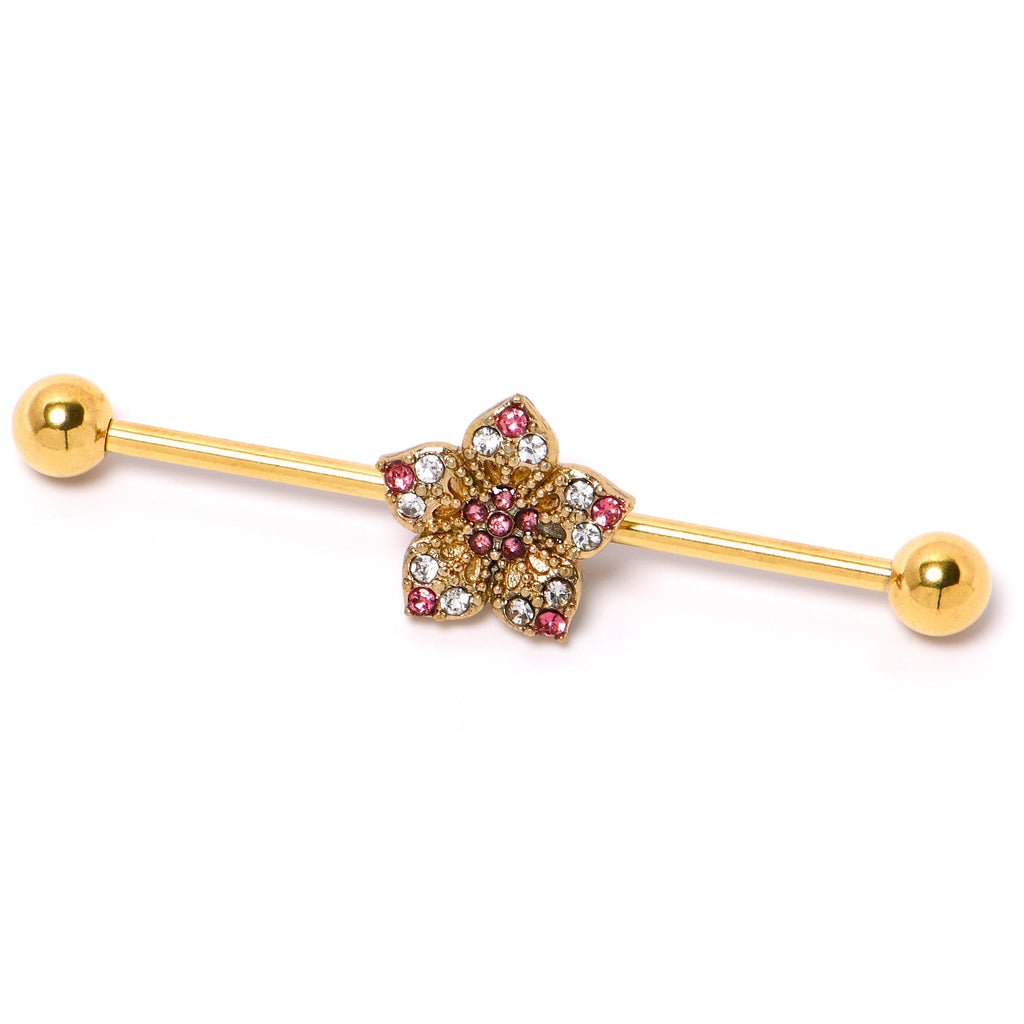 BodyCandy 14G Clear Pink Gem Gold Tone Texture Star Industrial Barbell 38mm — lifestyle context