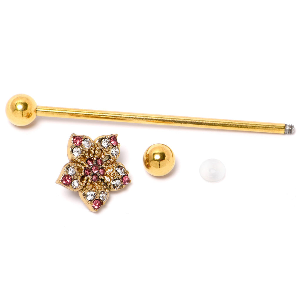 BodyCandy 14G Clear Pink Gem Gold Tone Texture Star Industrial Barbell 38mm — side view