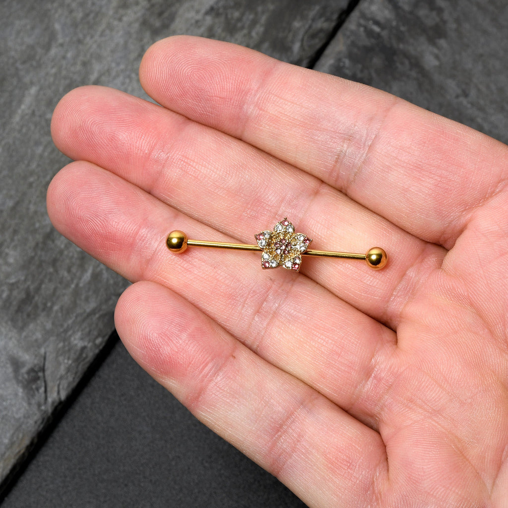 BodyCandy 14G Clear Pink Gem Gold Tone Texture Star Industrial Barbell 38mm — back view