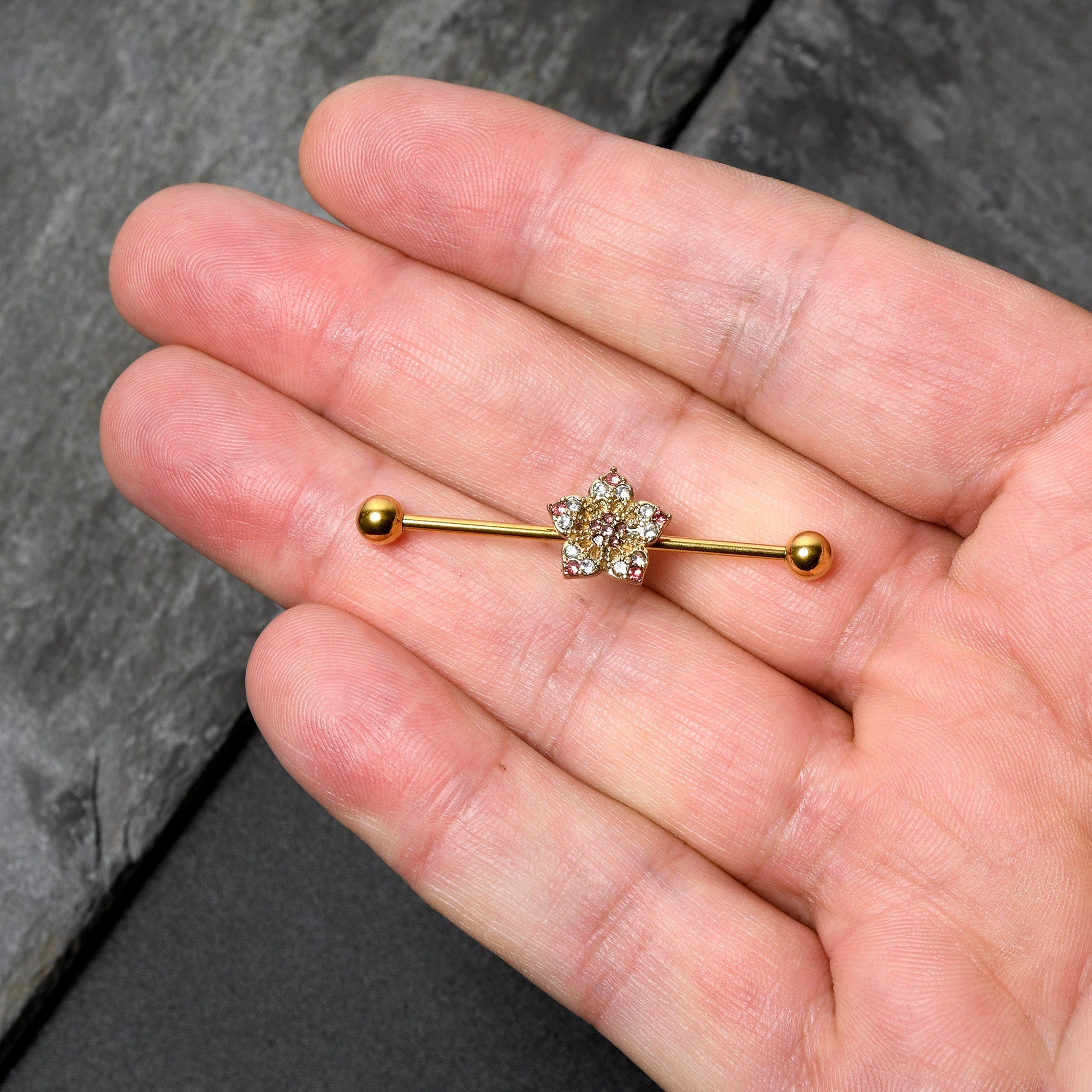 BodyCandy 14G Clear Pink Gem Gold Tone Texture Star Industrial Barbell 38mm — back view