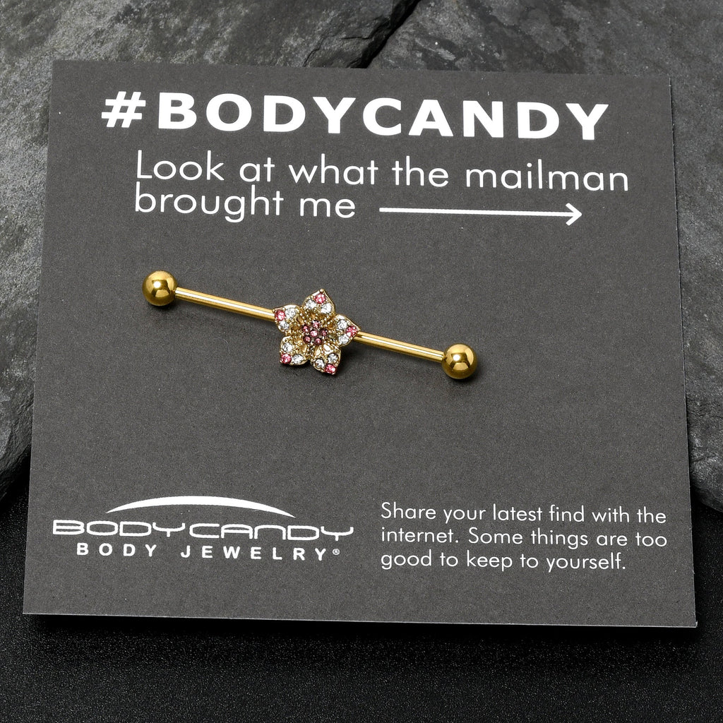 BodyCandy 14G Clear Pink Gem Gold Tone Texture Star Industrial Barbell 38mm — alternative angle